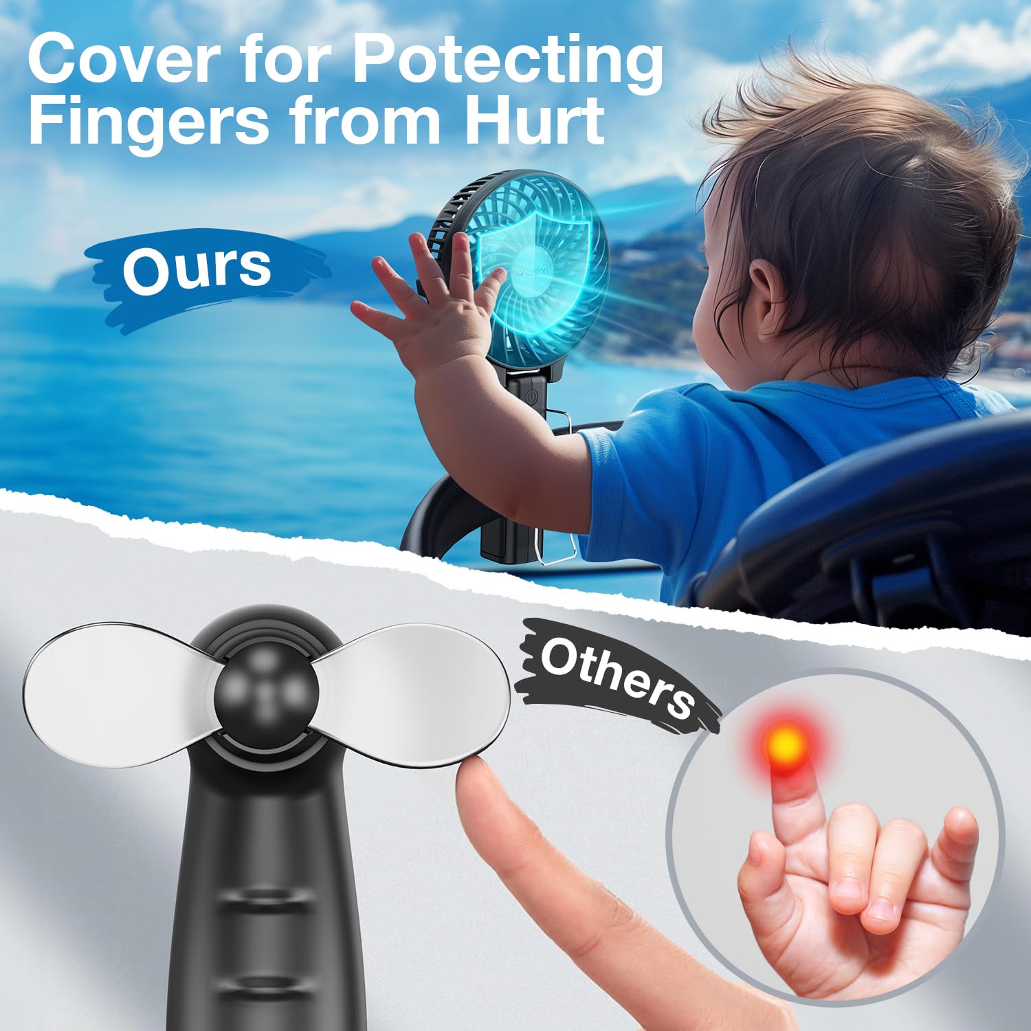 VersionTECH hanging under a beach umbrella, hands-free breeze benefit