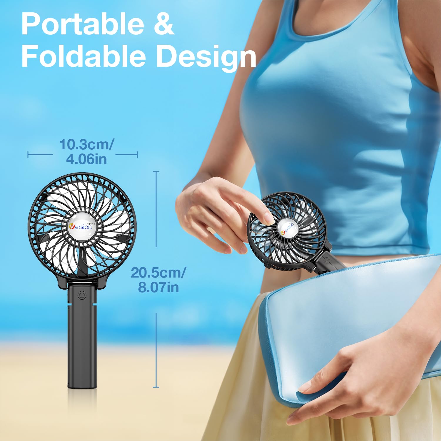 VersionTECH on an office desk beside laptop, discreet desktop cooling benefit