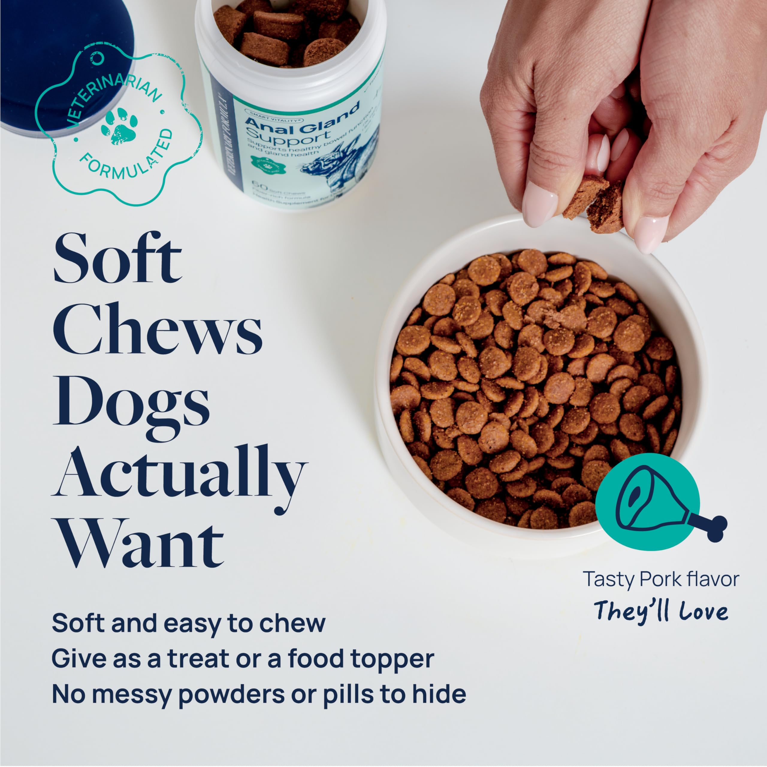 Veterinary Formula bottle open with chews visible for quick, mess-free serving