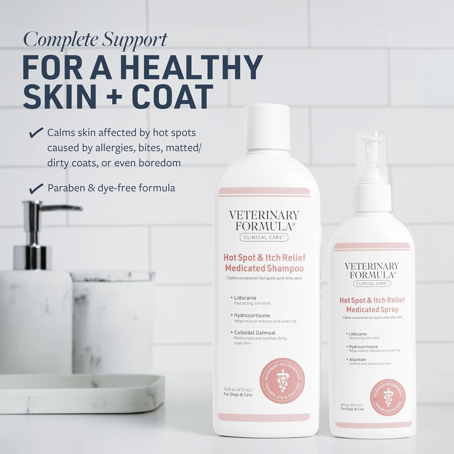 Veterinary Formula shampoo pump close-up highlighting gentle dispensing for controlled baths