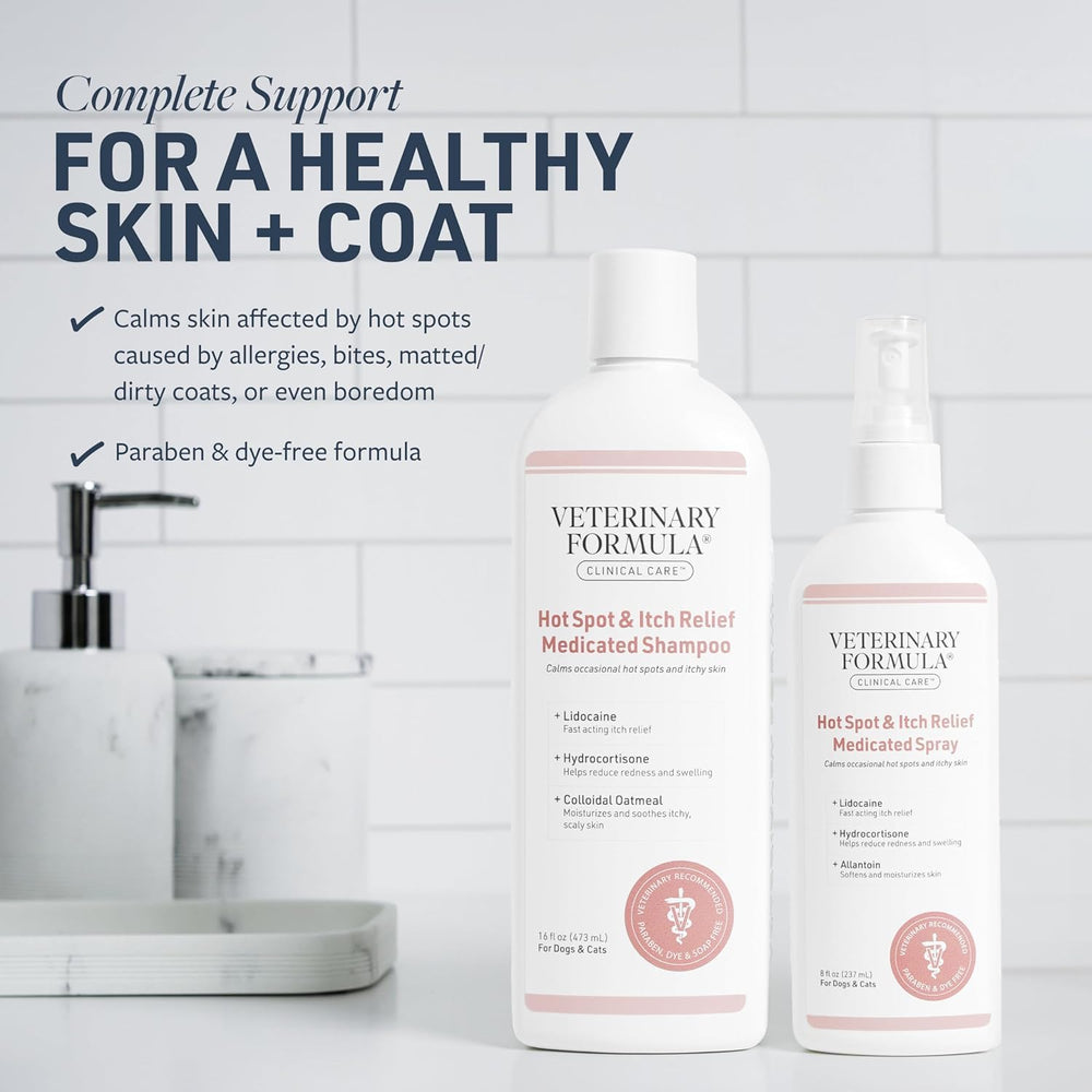 Veterinary Formula shampoo pump close-up highlighting gentle dispensing for controlled baths