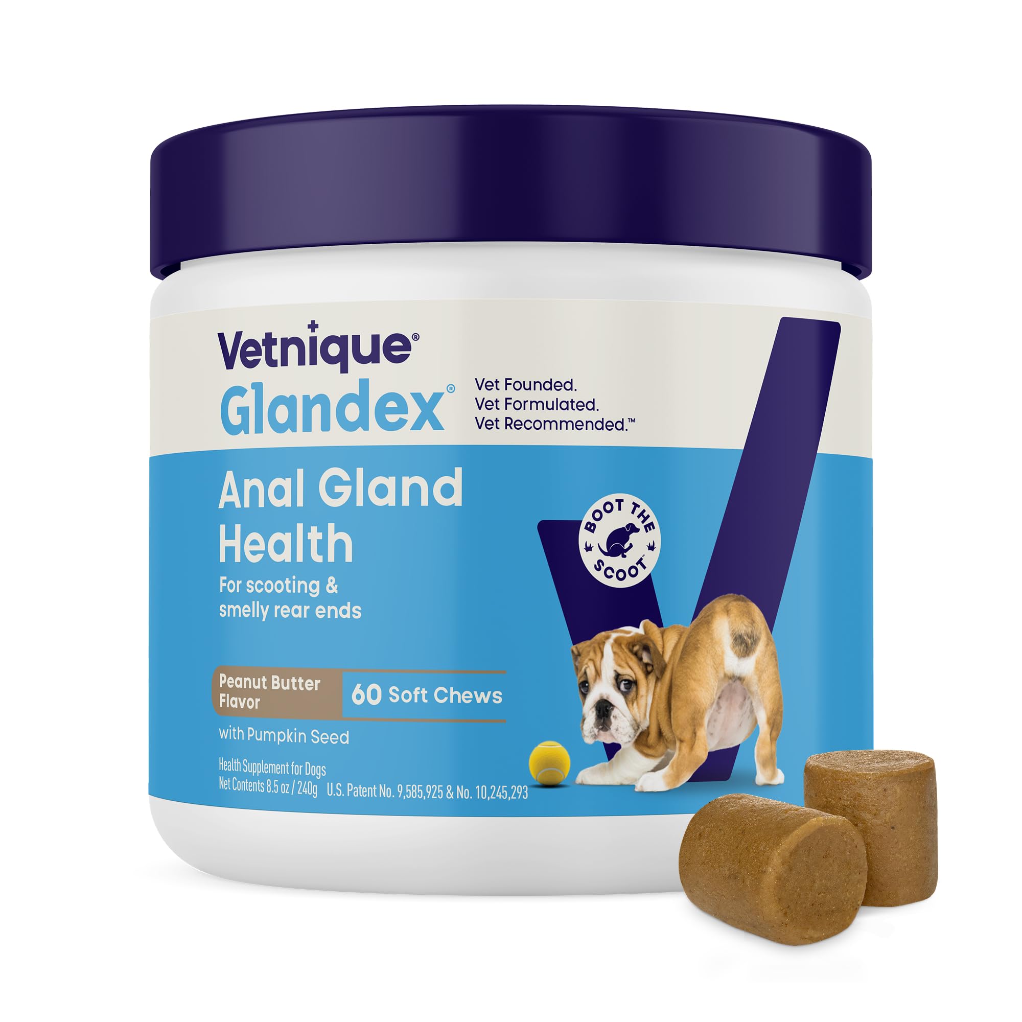 Vetnique Glandex front packaging showing 60ct bottle and branding benefit daily support