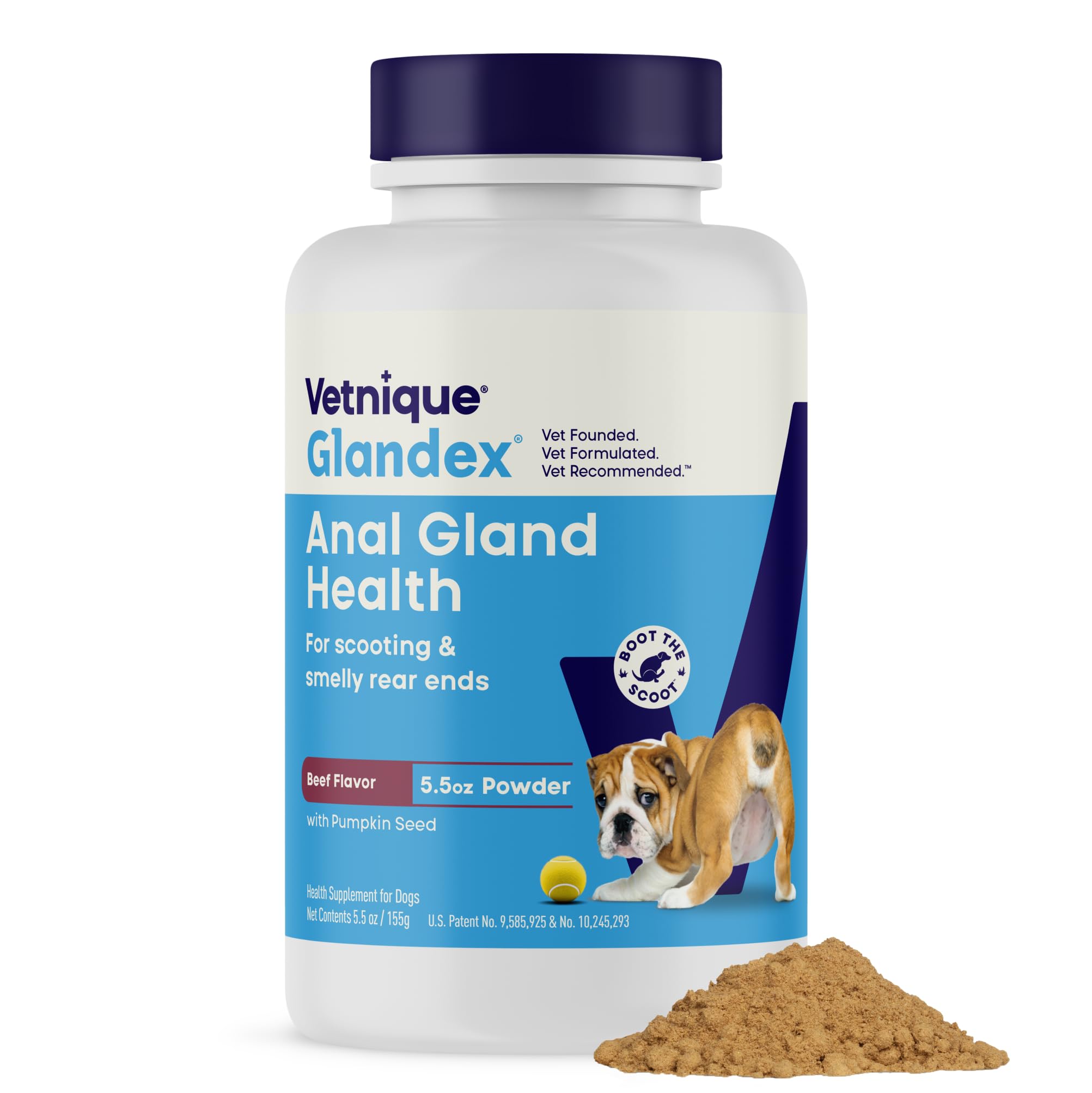 Vetnique Glandex front packaging showing beef flavor and 5.5 oz size for convenient daily dosing