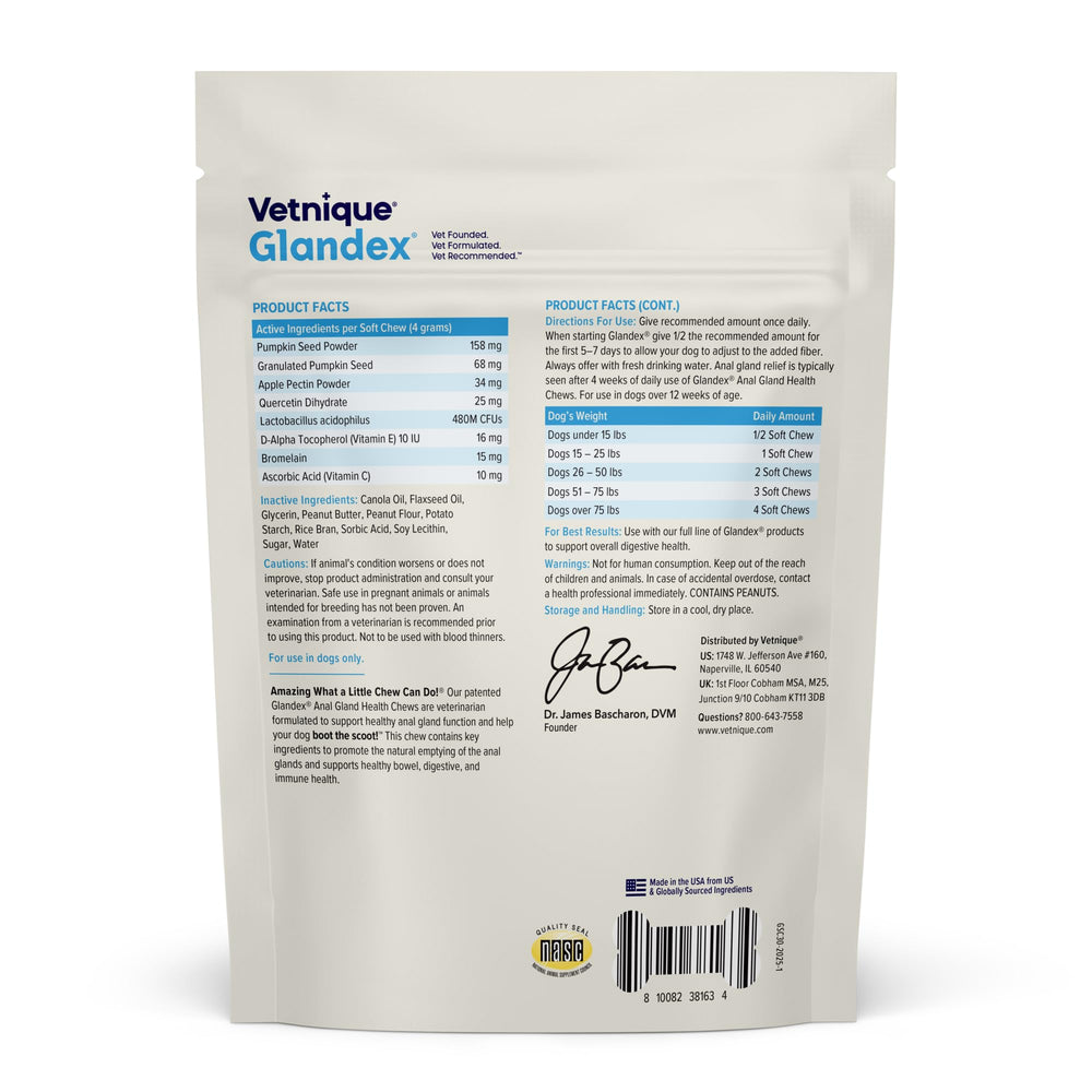 Vetnique Glandex label close-up with probiotic and enzyme ingredient details