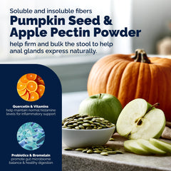 Vetnique Glandex sprinkled over kibble illustrating simple application and meal-time convenience