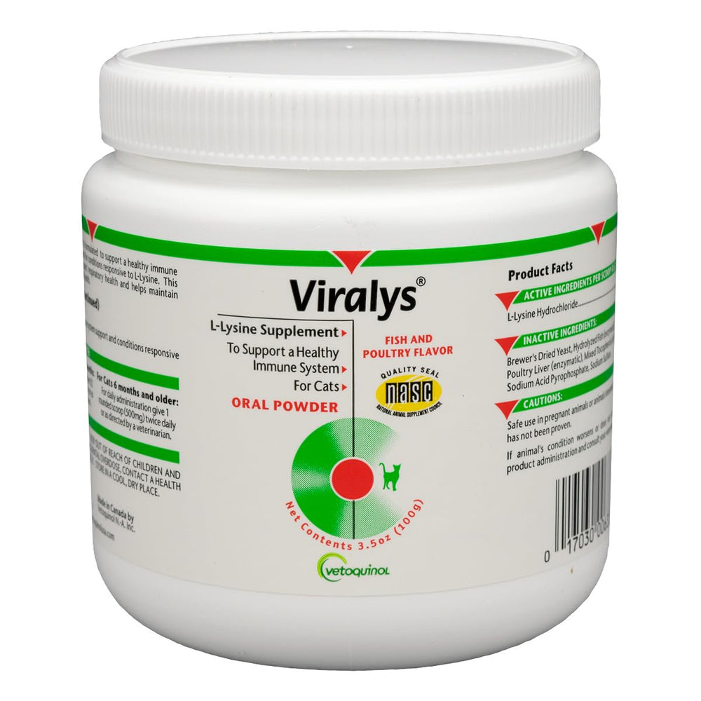 Vetoquinol Viralys front tub showing label and 100 g size for clear product identity
