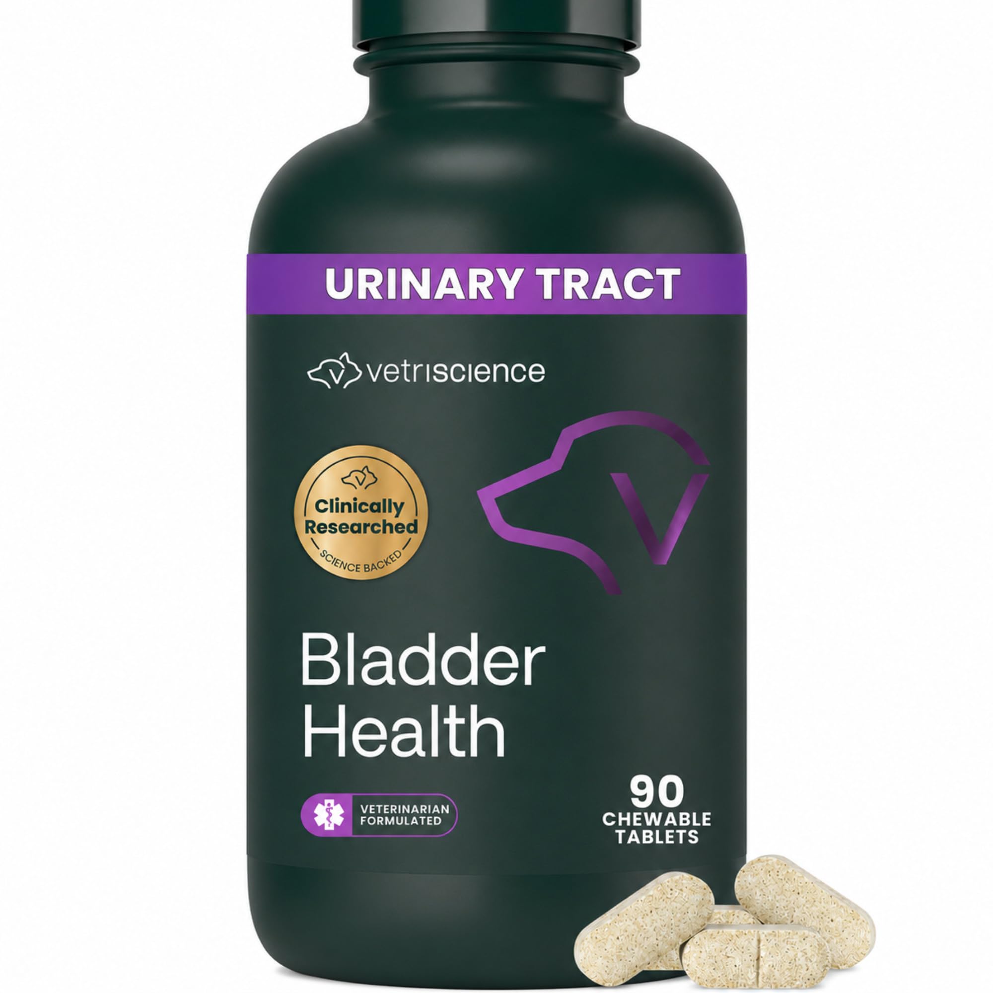 VetriScience bottle front view showing bladder health supplement and clear branding, supportive for owners