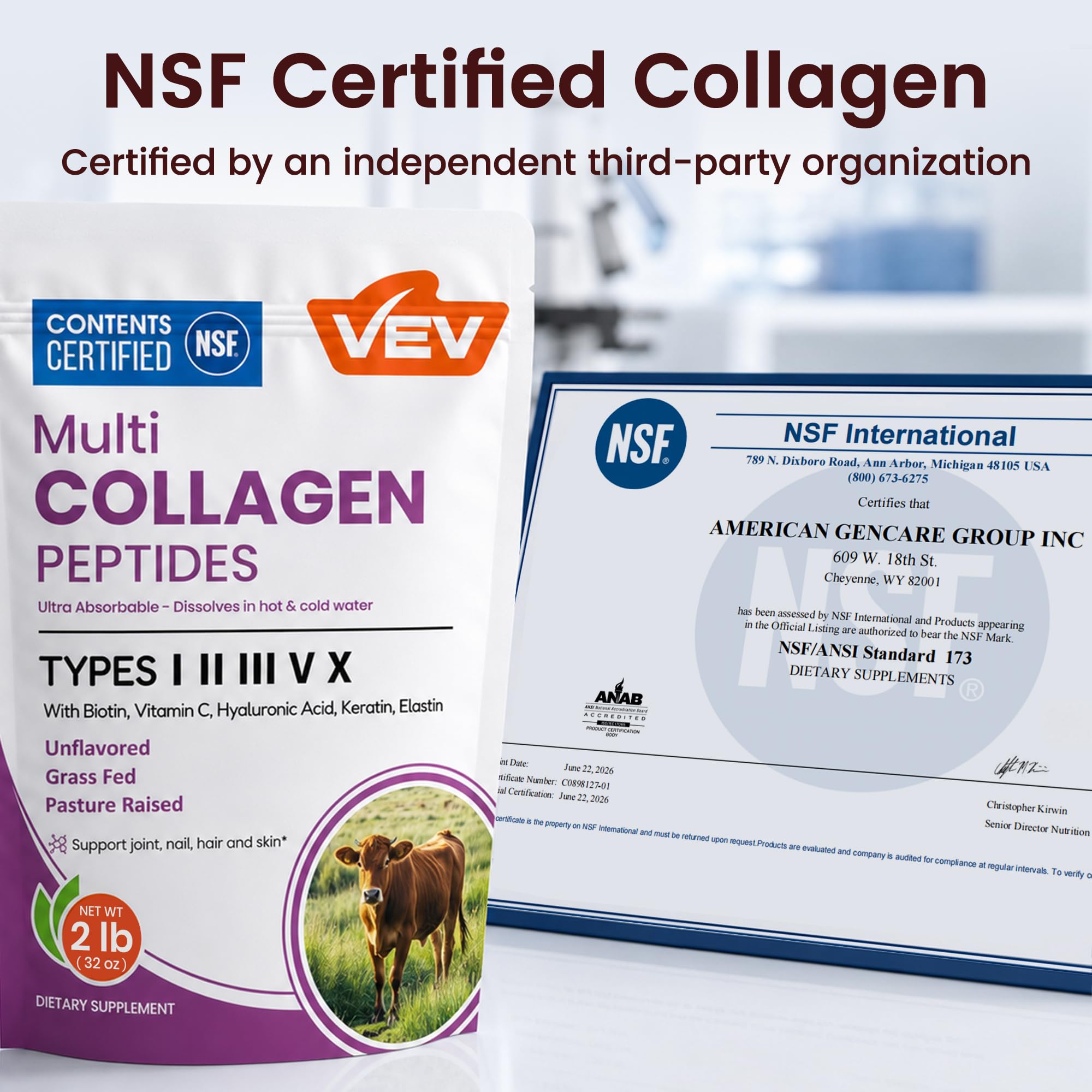VEV nutrition label close-up showing collagen types and added vitamins for clarity
