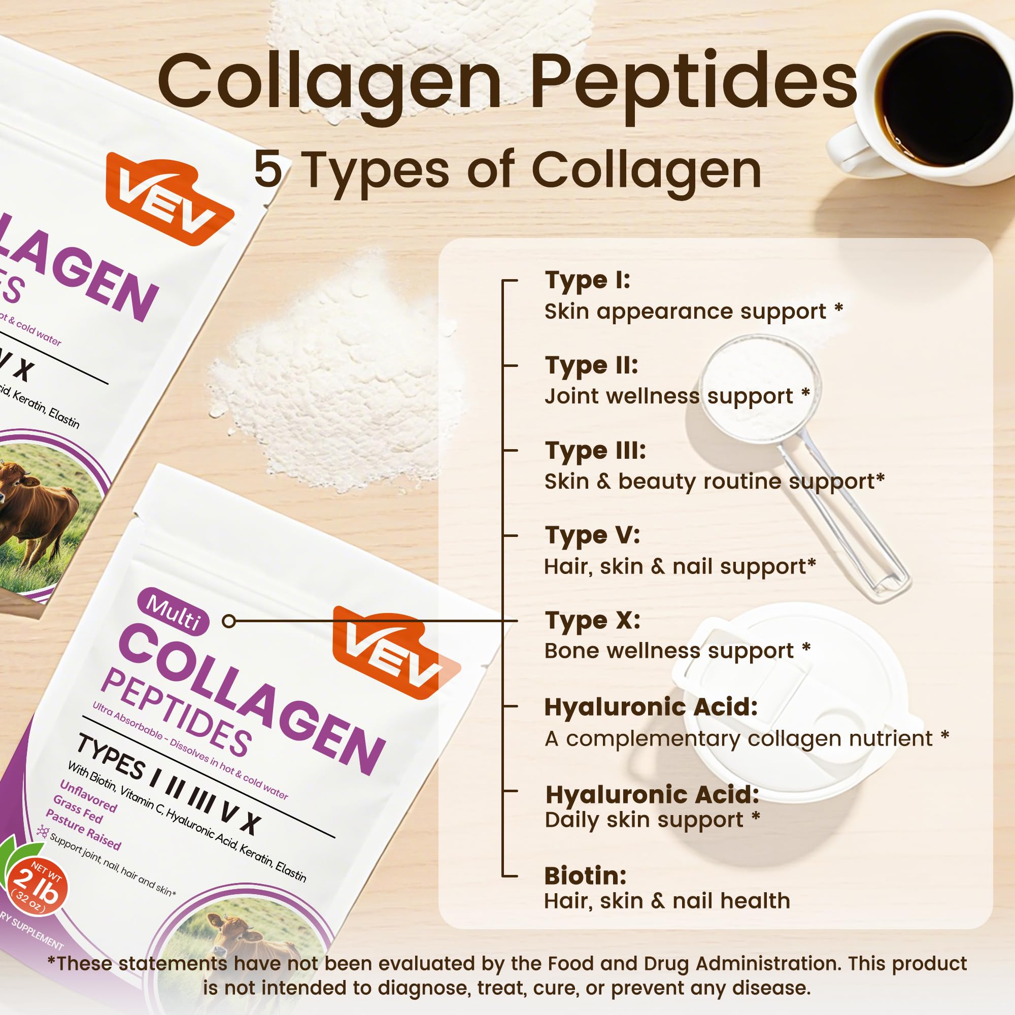 VEV powder dissolved in coffee cup illustrating smooth mixability and neutral taste