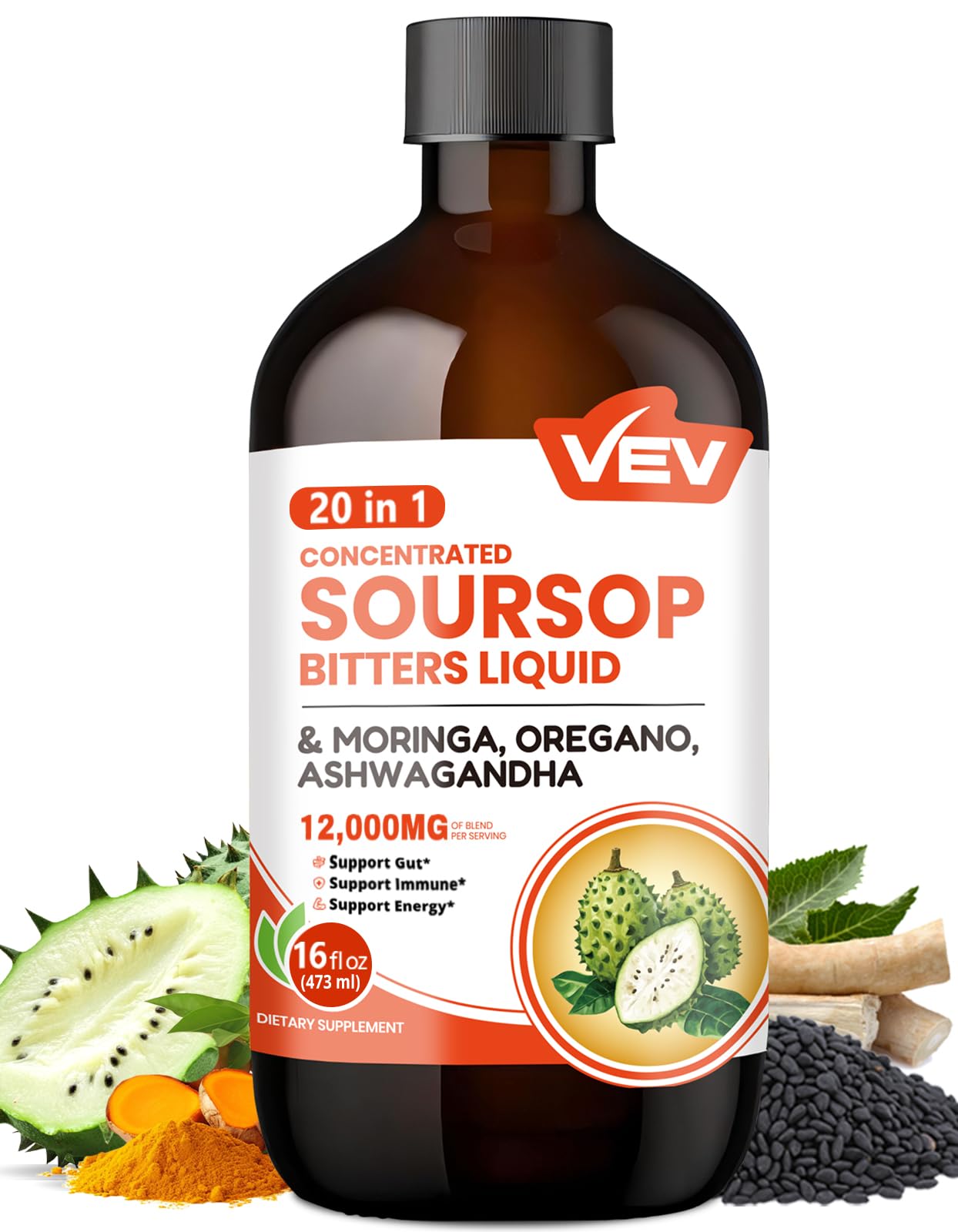 VEV front label showing product name and 20-in-1 blend benefit