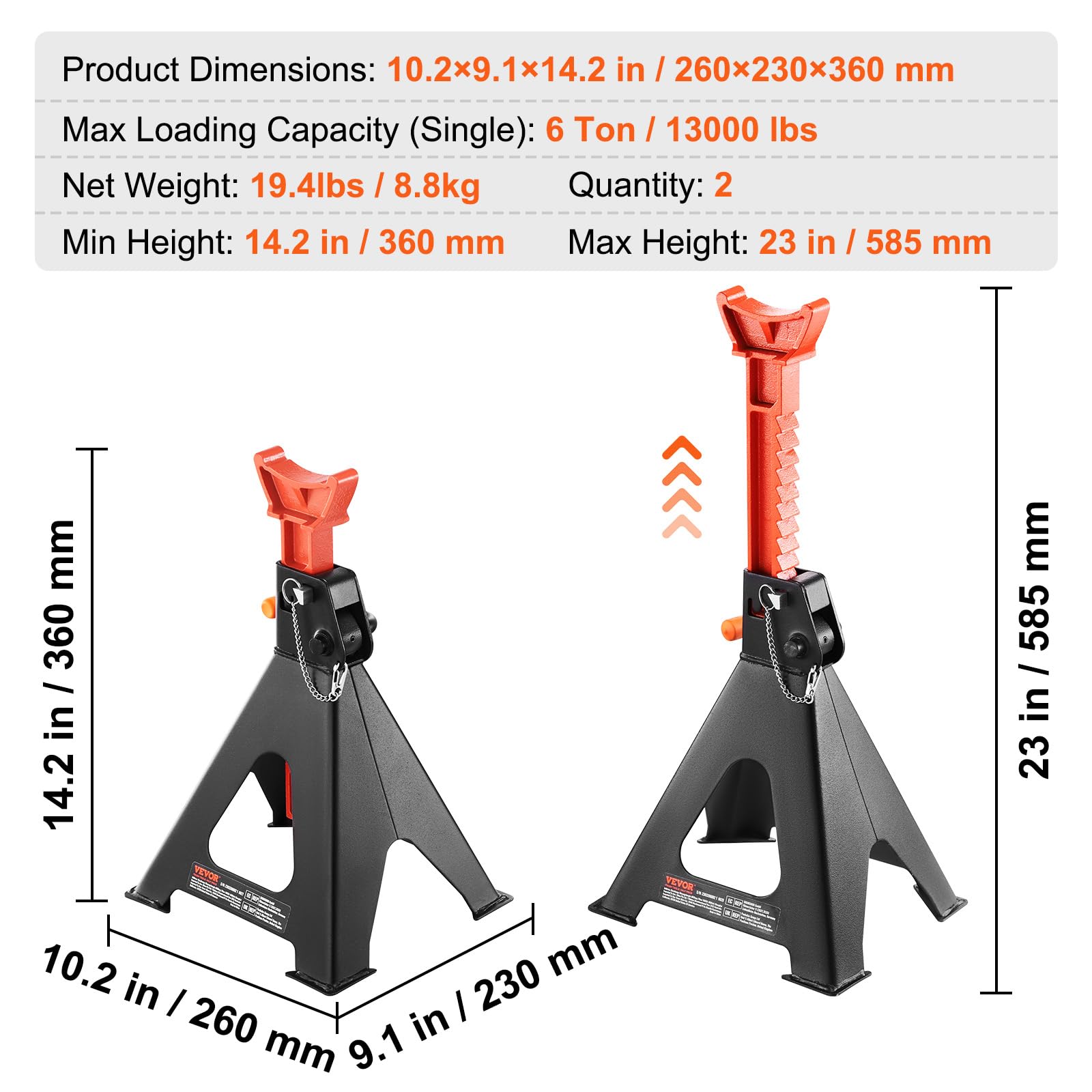 VEVOR jack stands beside a toolbox to show scale and workshop compatibility