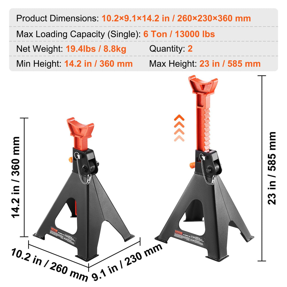 VEVOR jack stands beside a toolbox to show scale and workshop compatibility