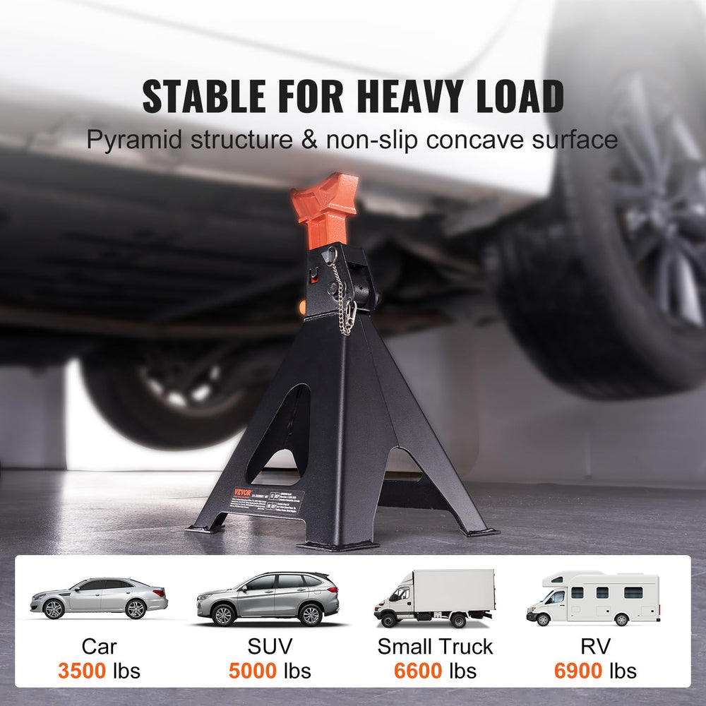VEVOR jack stands positioned under a truck demonstrating safe in-use support