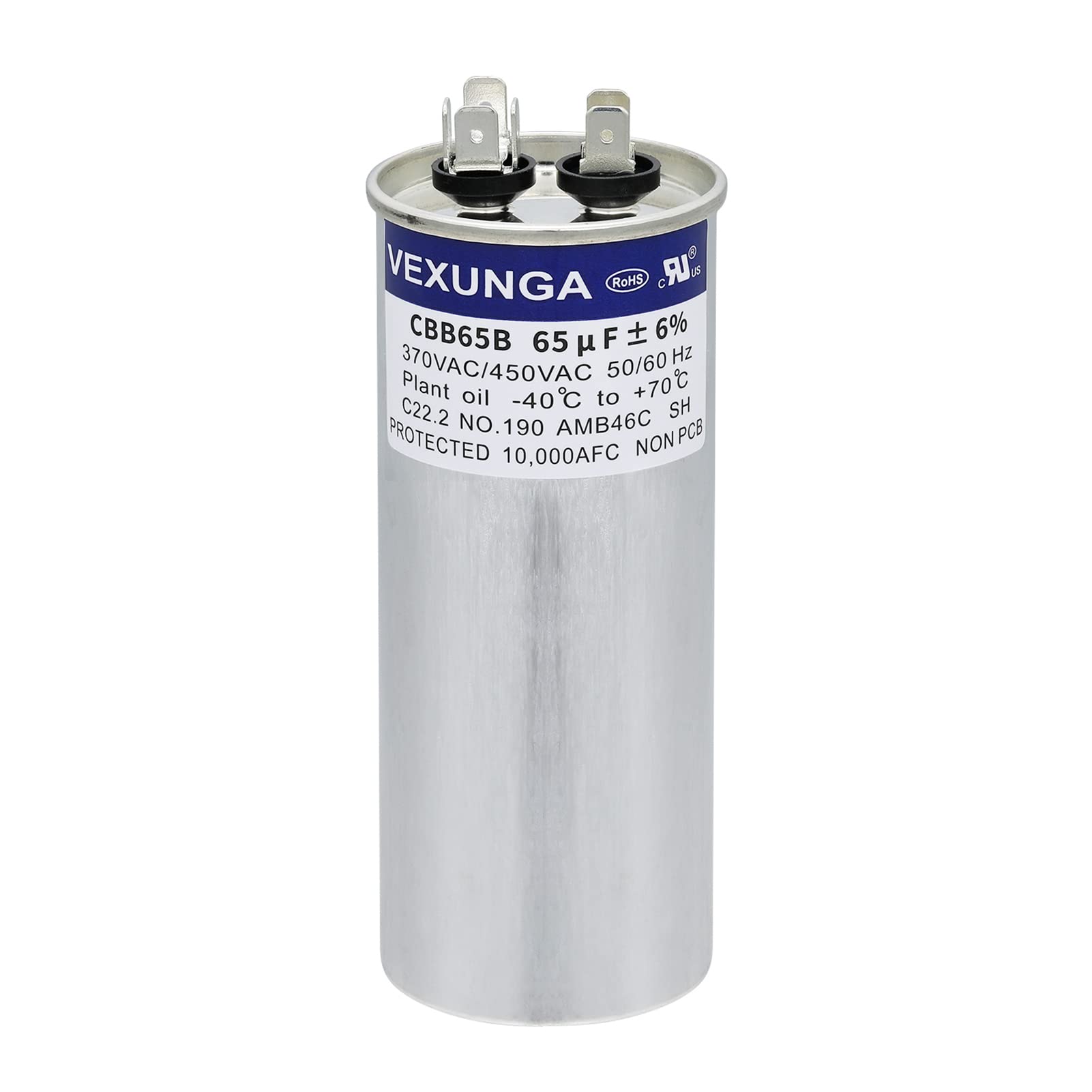 VEXUNGA capacitor front view showing can housing and mounting, ensures easy replacement
