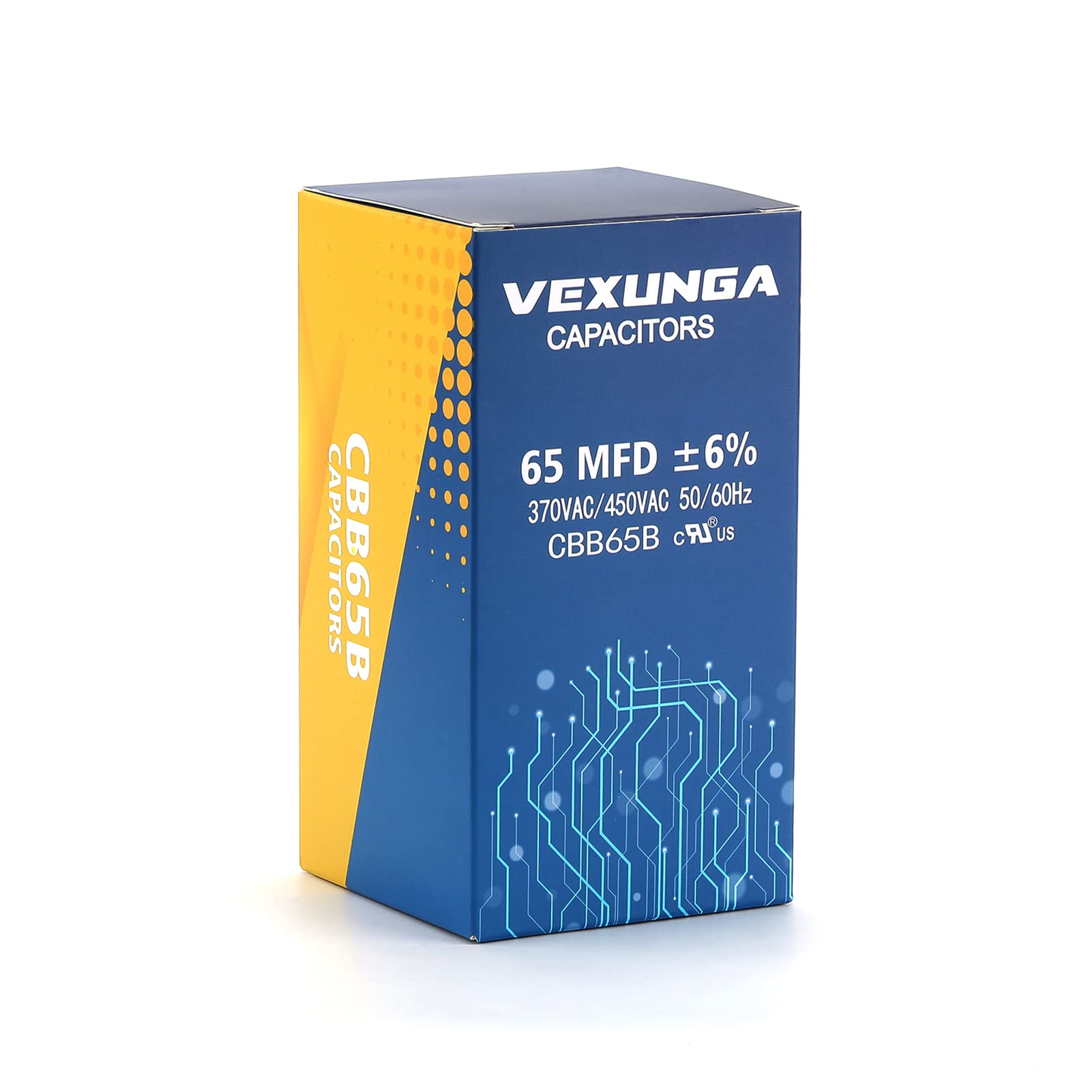 VEXUNGA capacitor label and specs close-up, verifies capacitance and voltage ratings