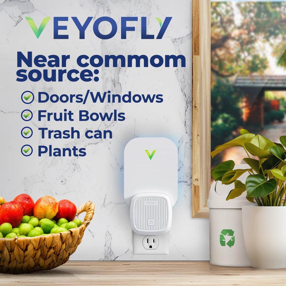 VEYOFLY device in a kitchen setting trapping fruit flies and protecting food areas
