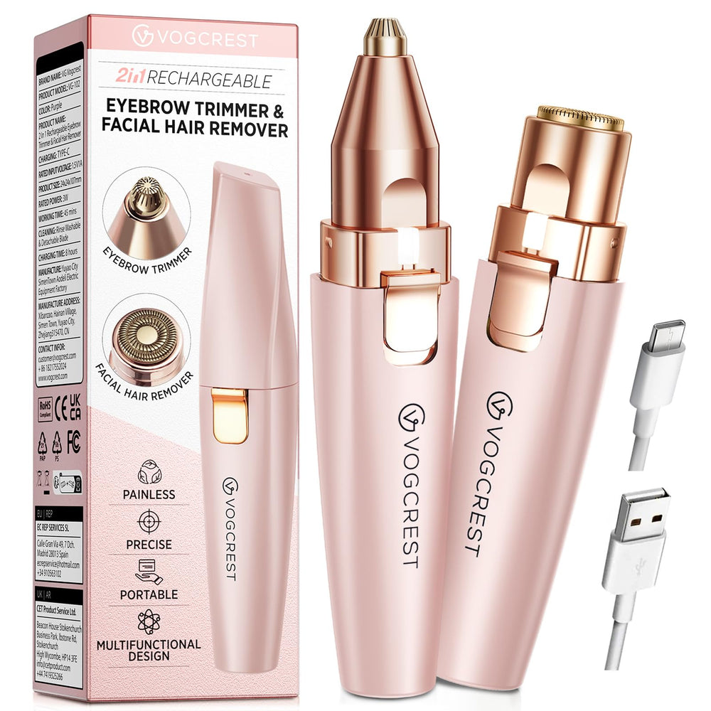 VG VOGCREST front view showing compact pink trimmer and benefits of portability