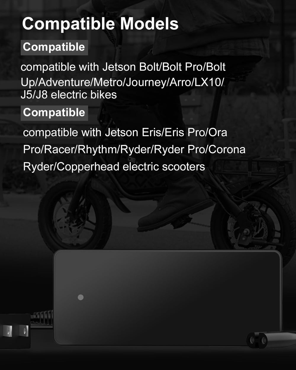 vhbw 42V charger plugged into Jetson bike charging port, demonstrates simple in-use charging