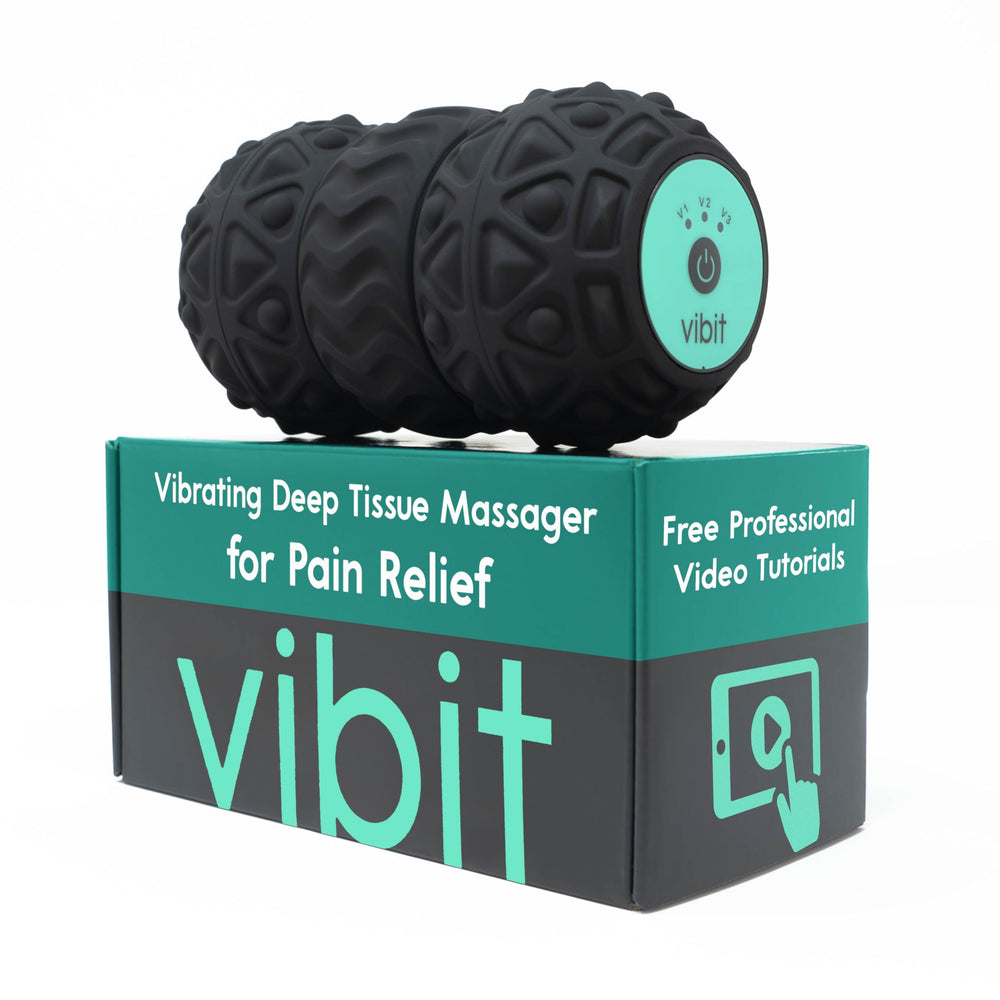 Vibit front view showing compact massager and carry bag for easy transport