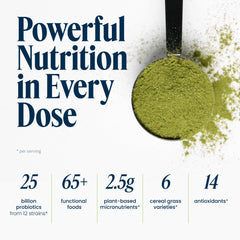 Vibrant Health scoop beside measuring scale illustrating 60 servings convenience benefit