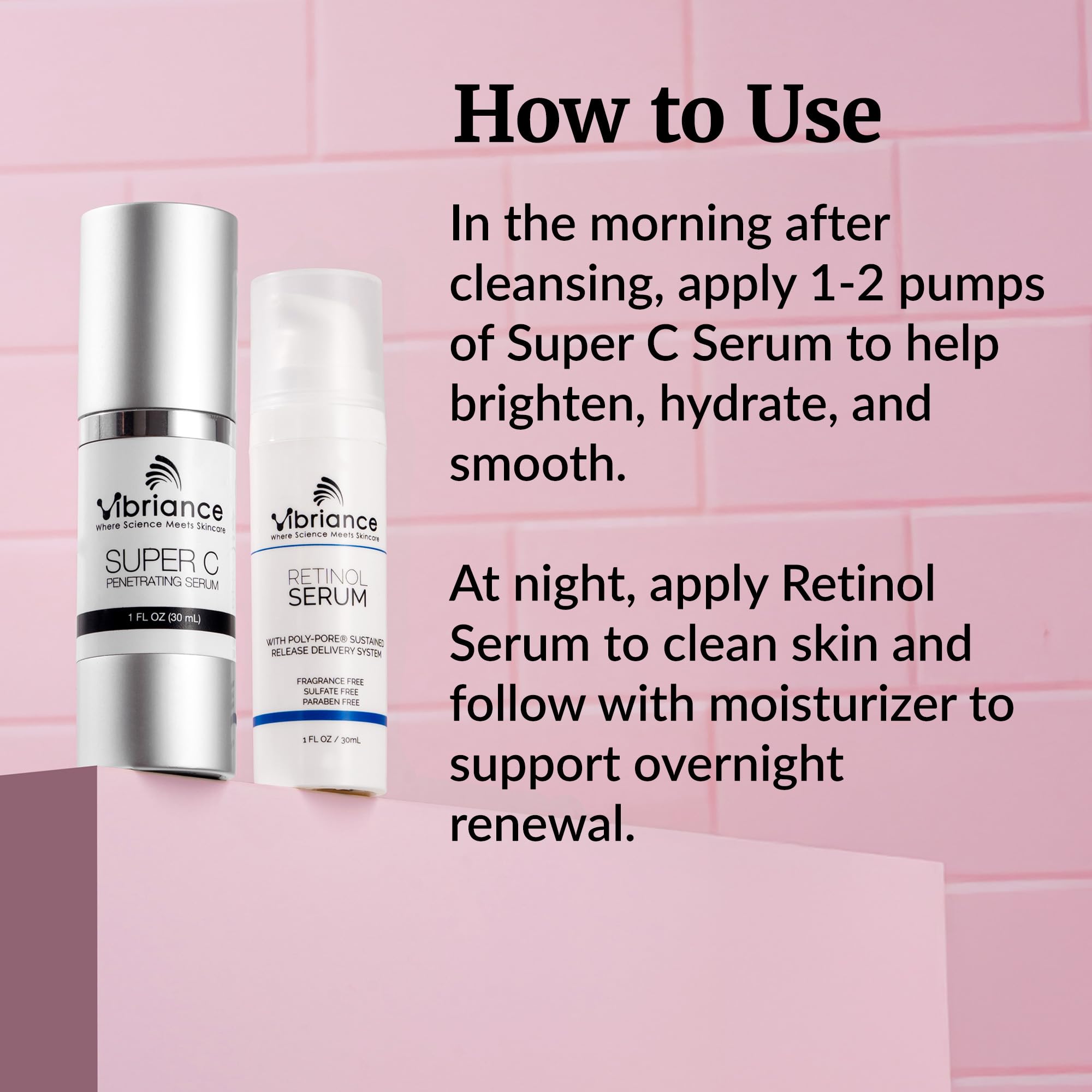 Vibriance retinol serum being applied at night, demonstrating gentle overnight renewal