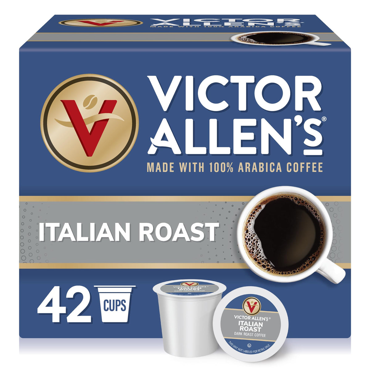 Victor Allen's Coffee front packaging showing 42-count Italian Roast pods and bold roast benefit
