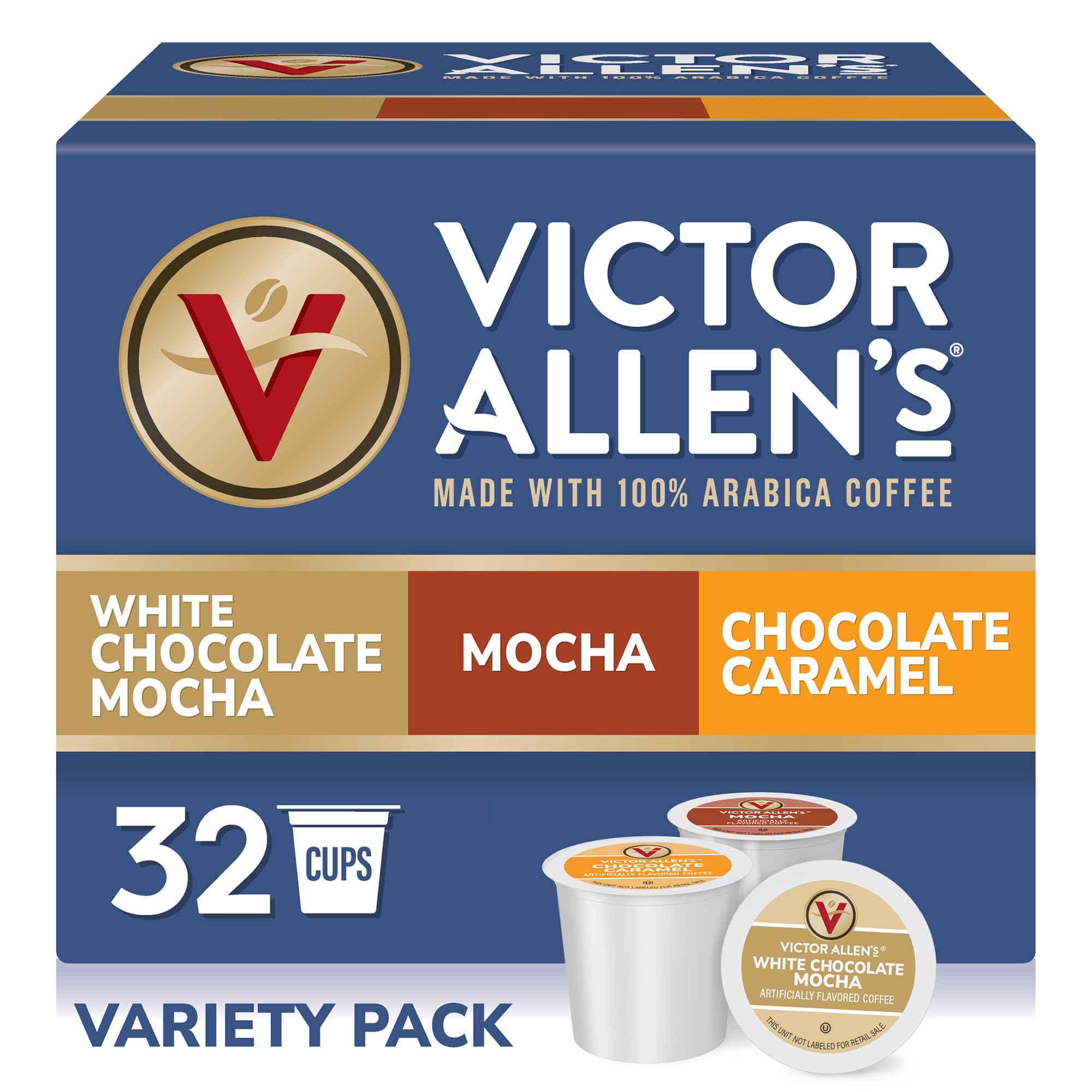 Victor Allen's front box showing mocha variety pack and easy storage benefit