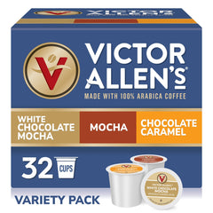 Victor Allen's front box showing mocha variety pack and easy storage benefit