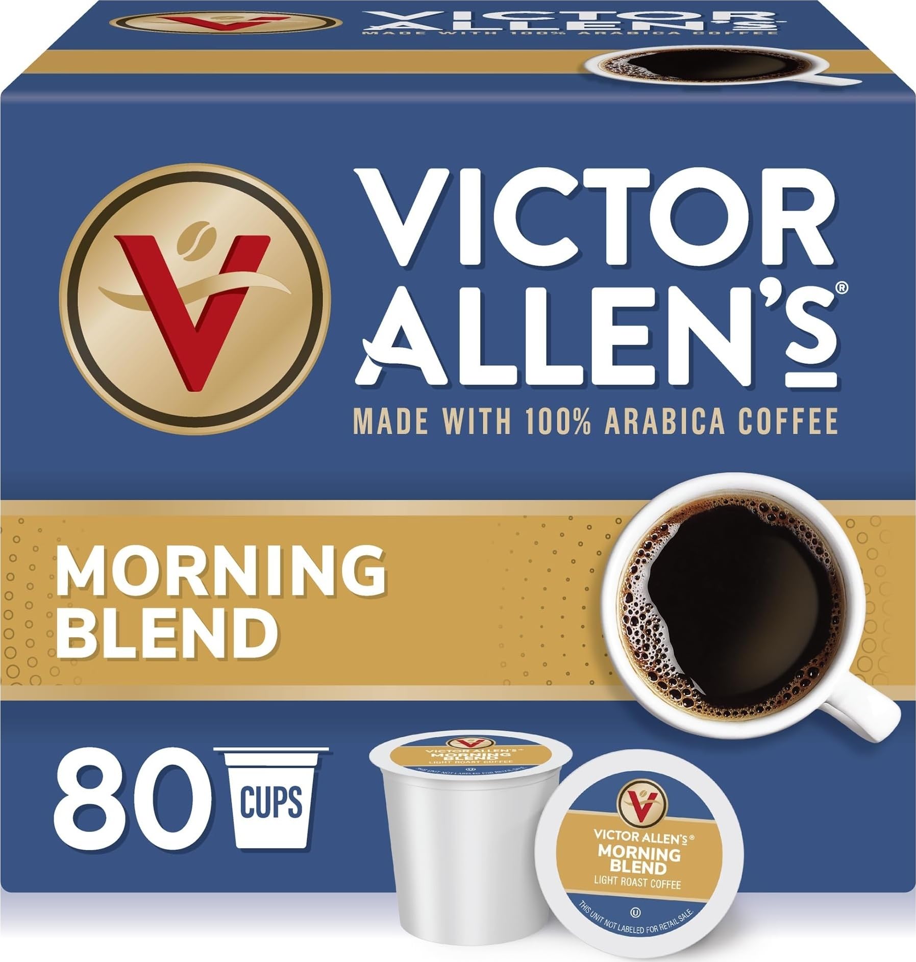 Victor Allen's Coffee front packaging showing 80-count and light roast benefit convenience
