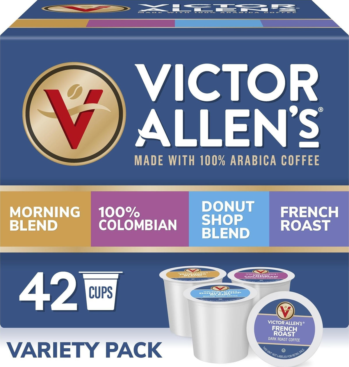 Victor Allen's Coffee front box showing all four blends and variety convenience