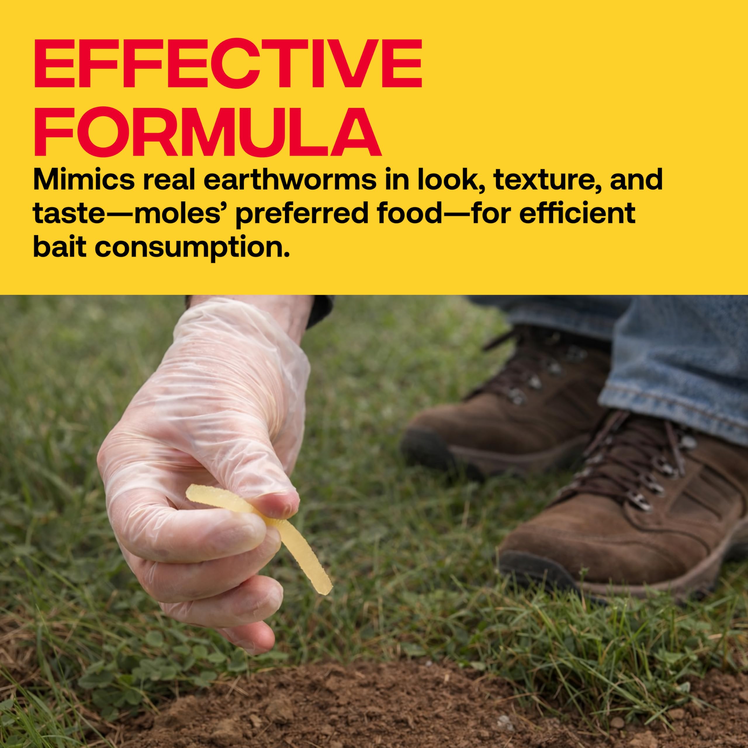 Victor protective glove holding a moleworm bait for safe handling and placement