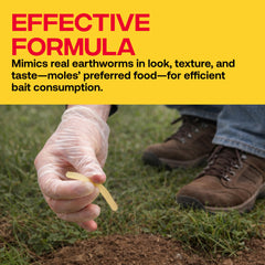 Victor protective glove holding a moleworm bait for safe handling and placement