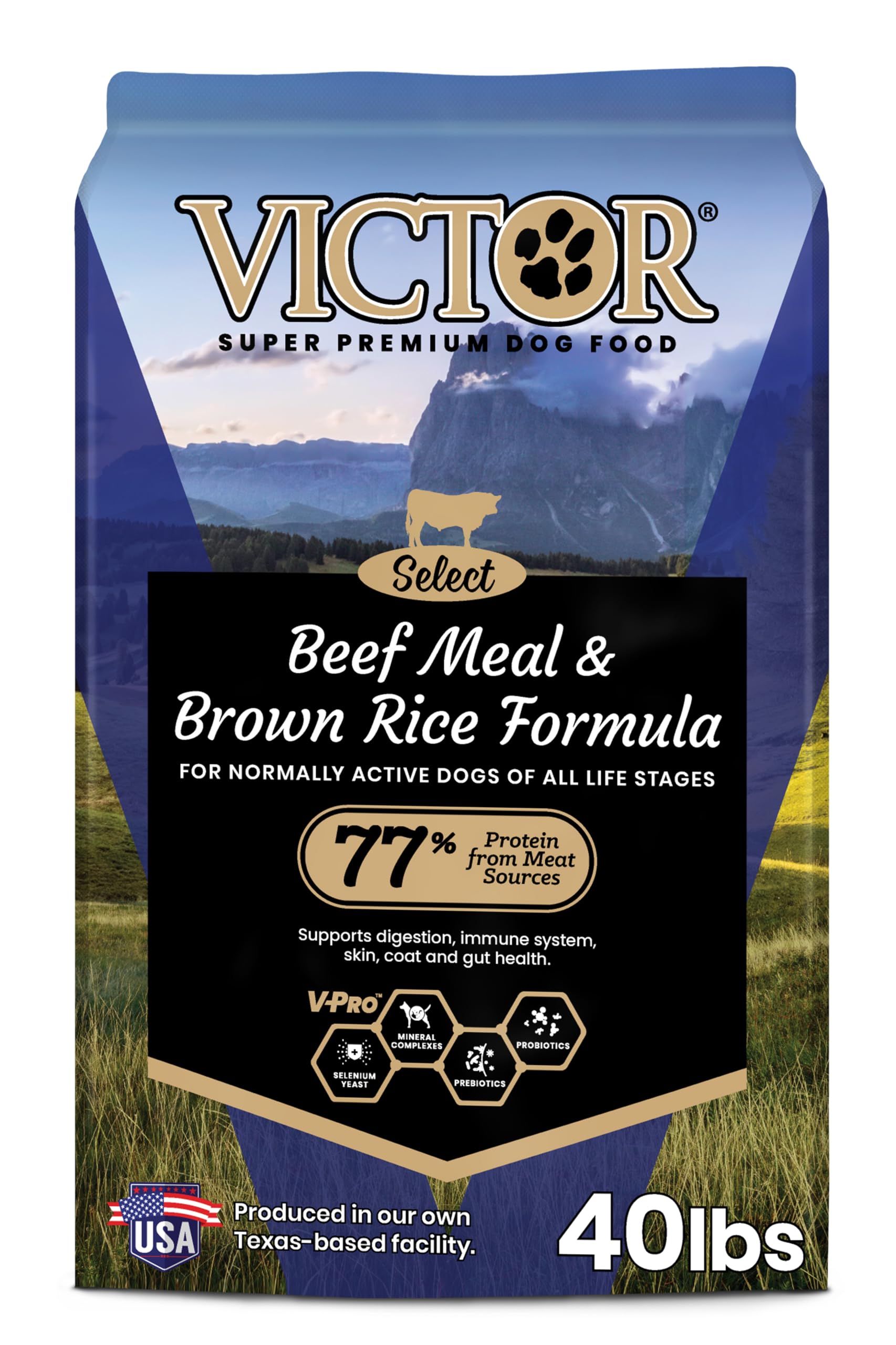 VICTOR front bag showing beef meal formula and gluten-free benefit