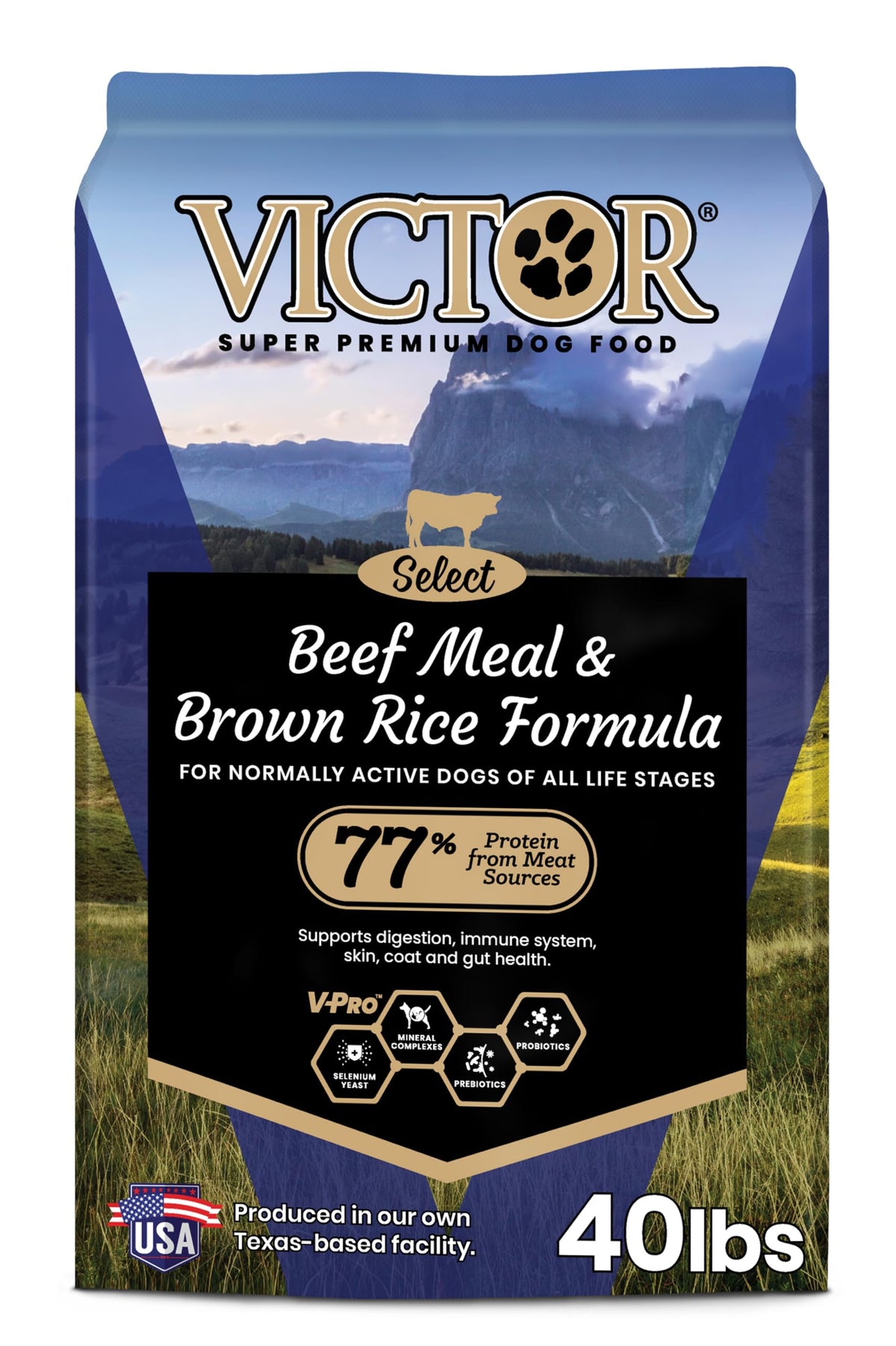 VICTOR front bag showing beef meal formula and gluten-free benefit
