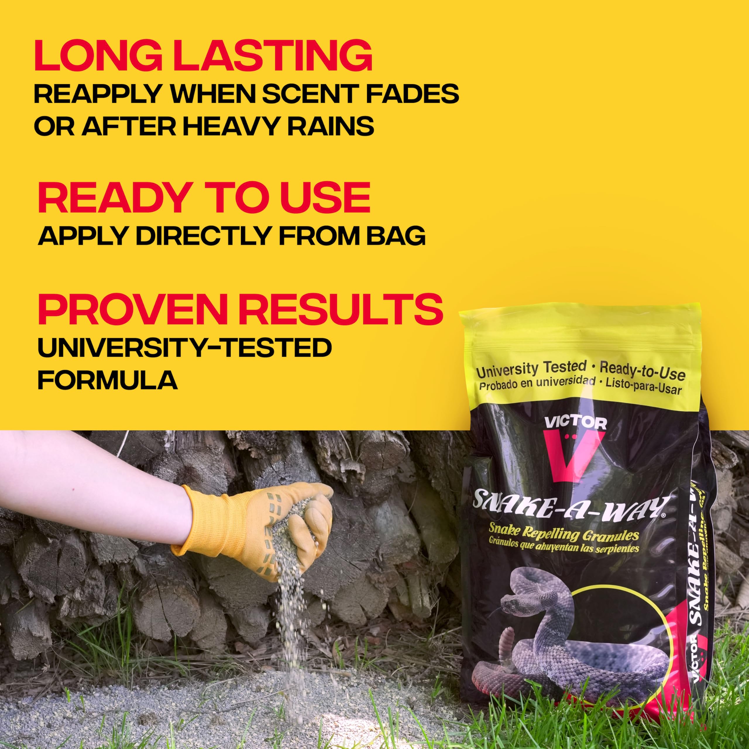 Victor granules spread on lawn creating a visible treated perimeter that deters snakes