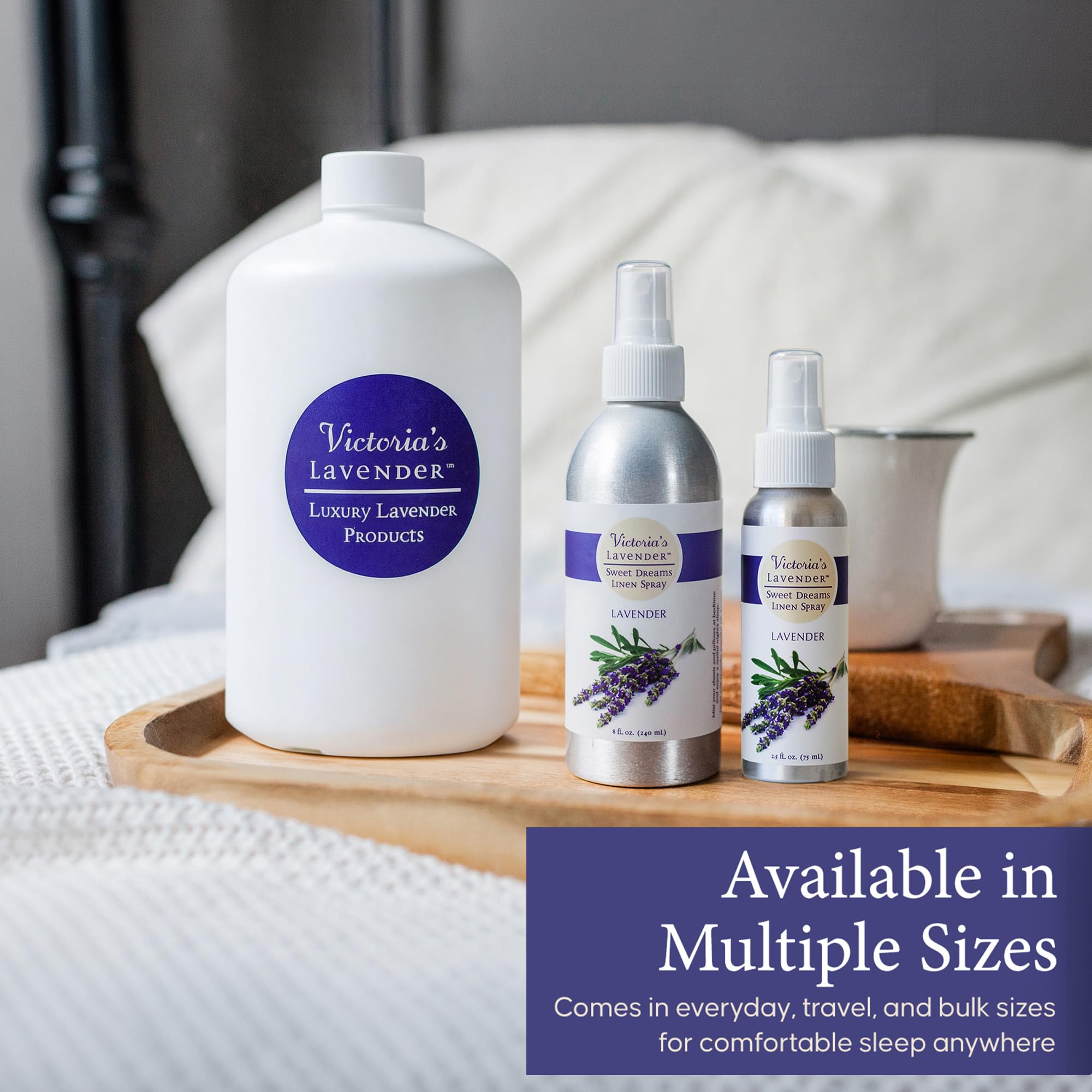 Victoria's Lavender bottle on bedside table in tranquil bedroom setting for relaxation