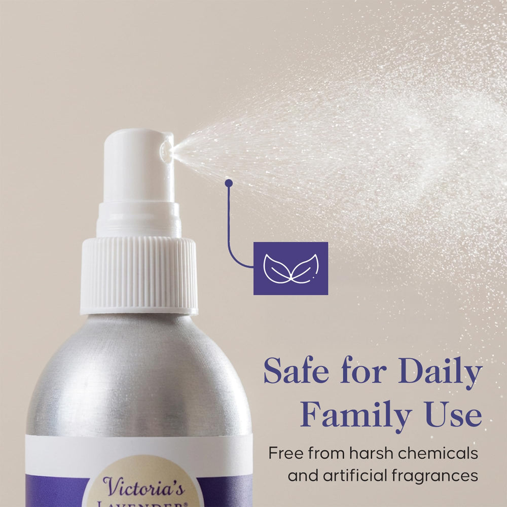 Victoria's Lavender mist settling on linen fibers highlighting natural lavender aroma
