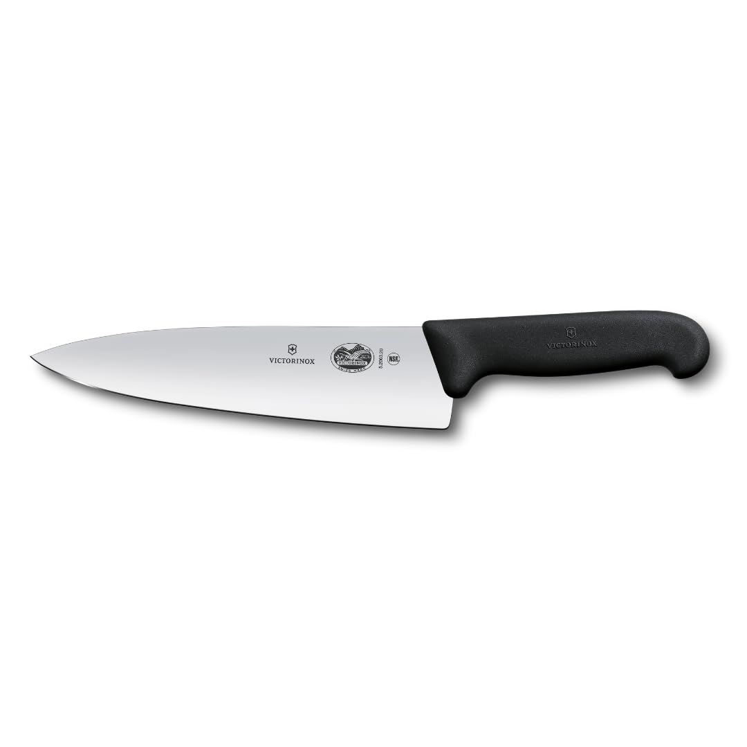 Victorinox front view of chef’s knife showing balanced blade and handle benefit: versatile cutting