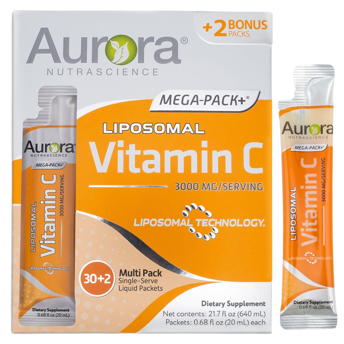 Vida Lifescience Aurora front packaging showing 32 orange packets and convenience