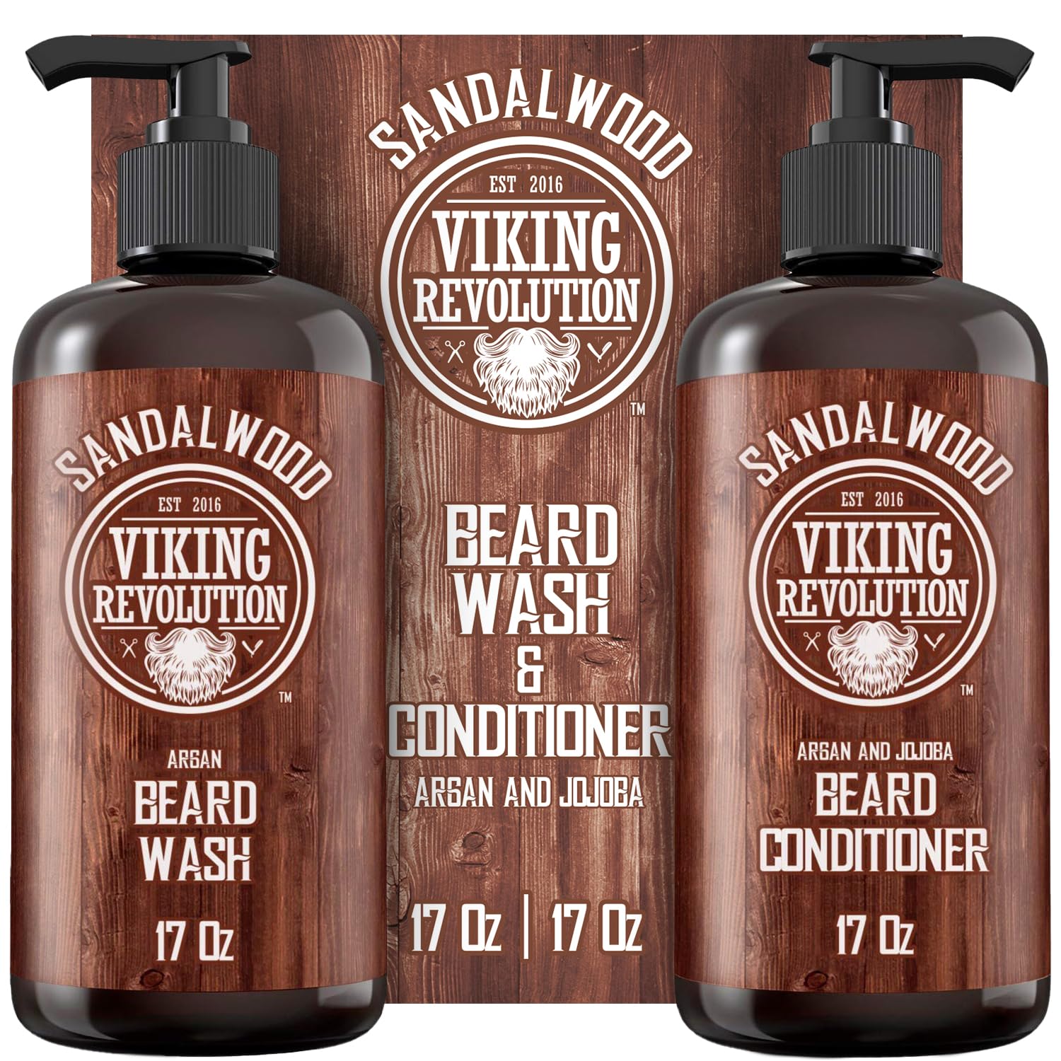 Viking Revolution front packaging showing sandalwood beard kit benefit hydration