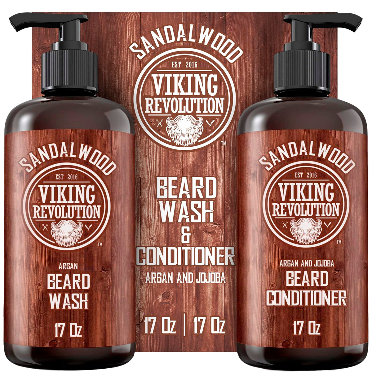 Viking Revolution front packaging showing sandalwood beard kit benefit hydration