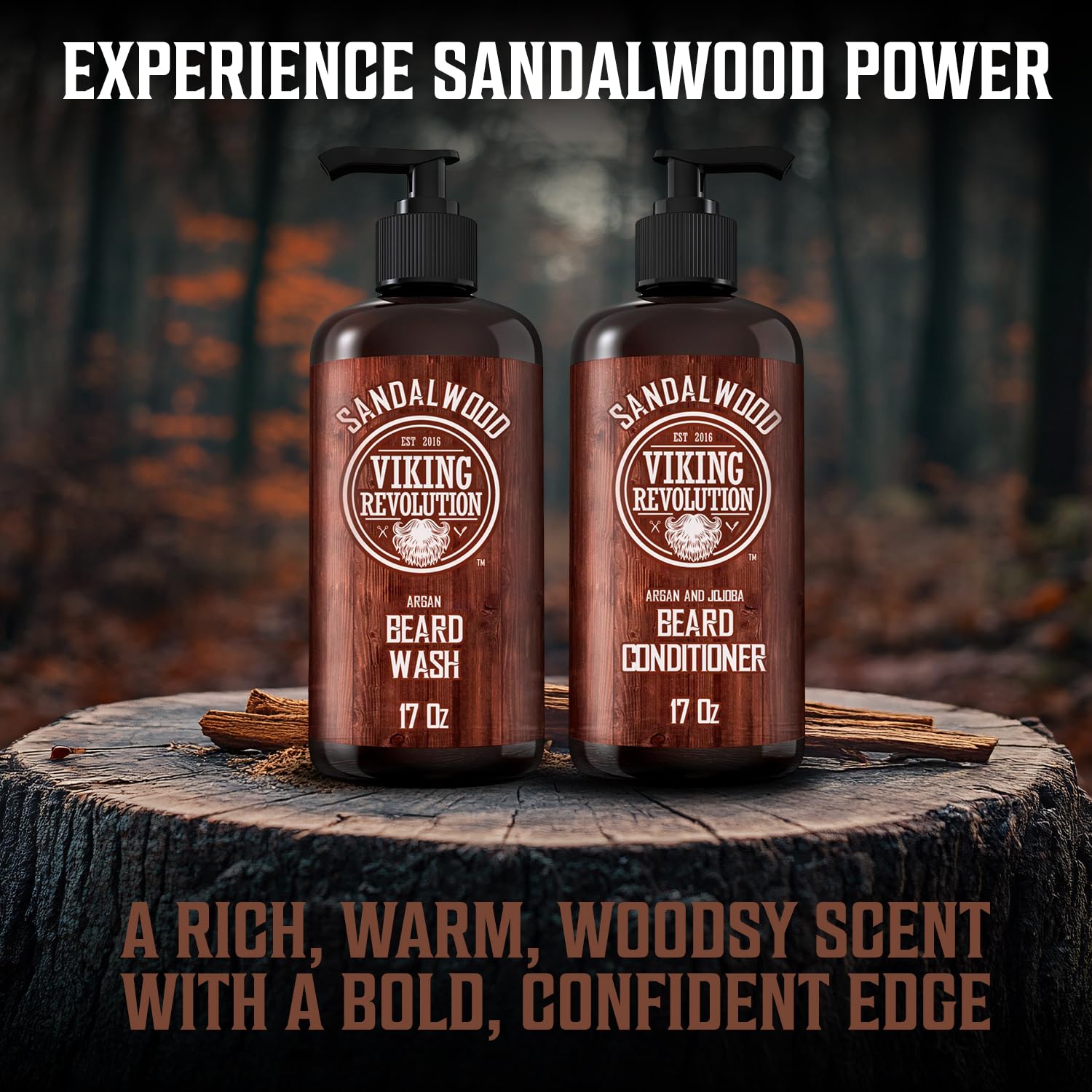 Viking Revolution ingredient display with sandalwood highlighting natural benefit