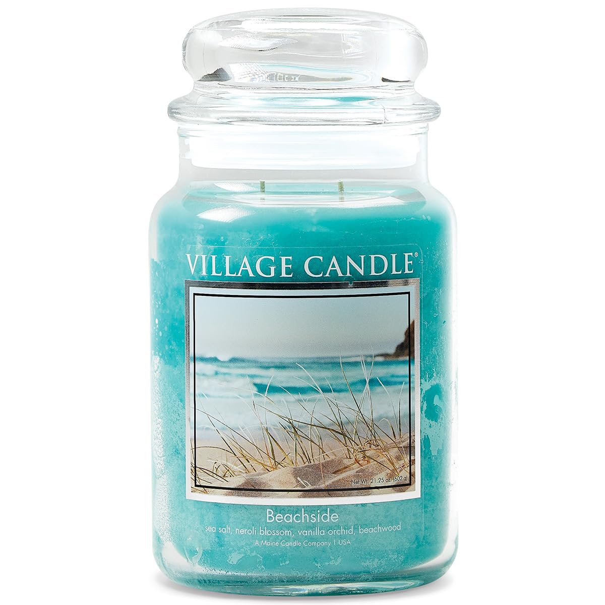 Village Candle front view of light blue apothecary jar showing coastal style and long fragrance