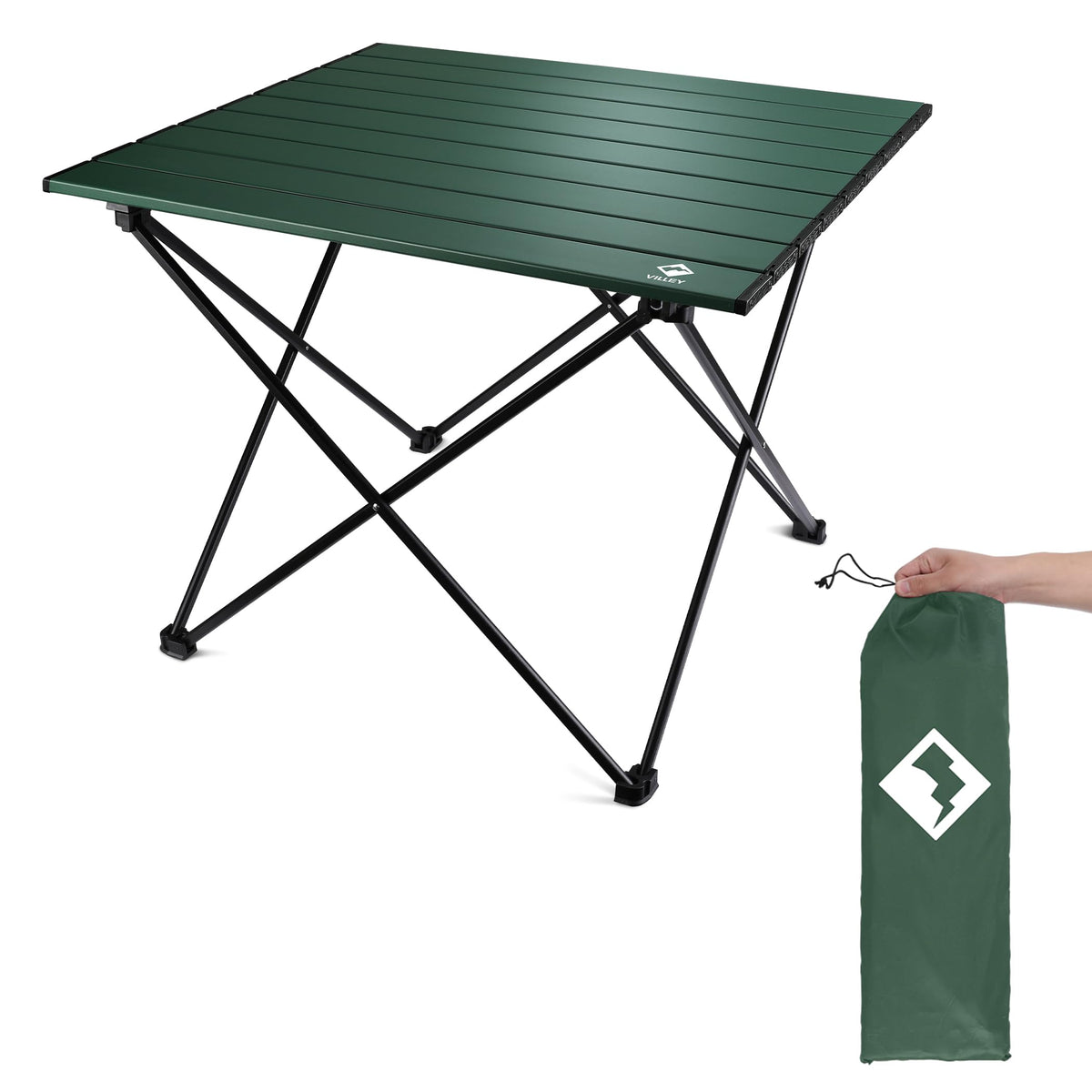 VILLEY front view of open table showing compact strong frame and tabletop benefit portability