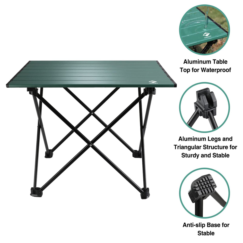 VILLEY table next to a backpack showing scale and ultralight 2.05 lb portability