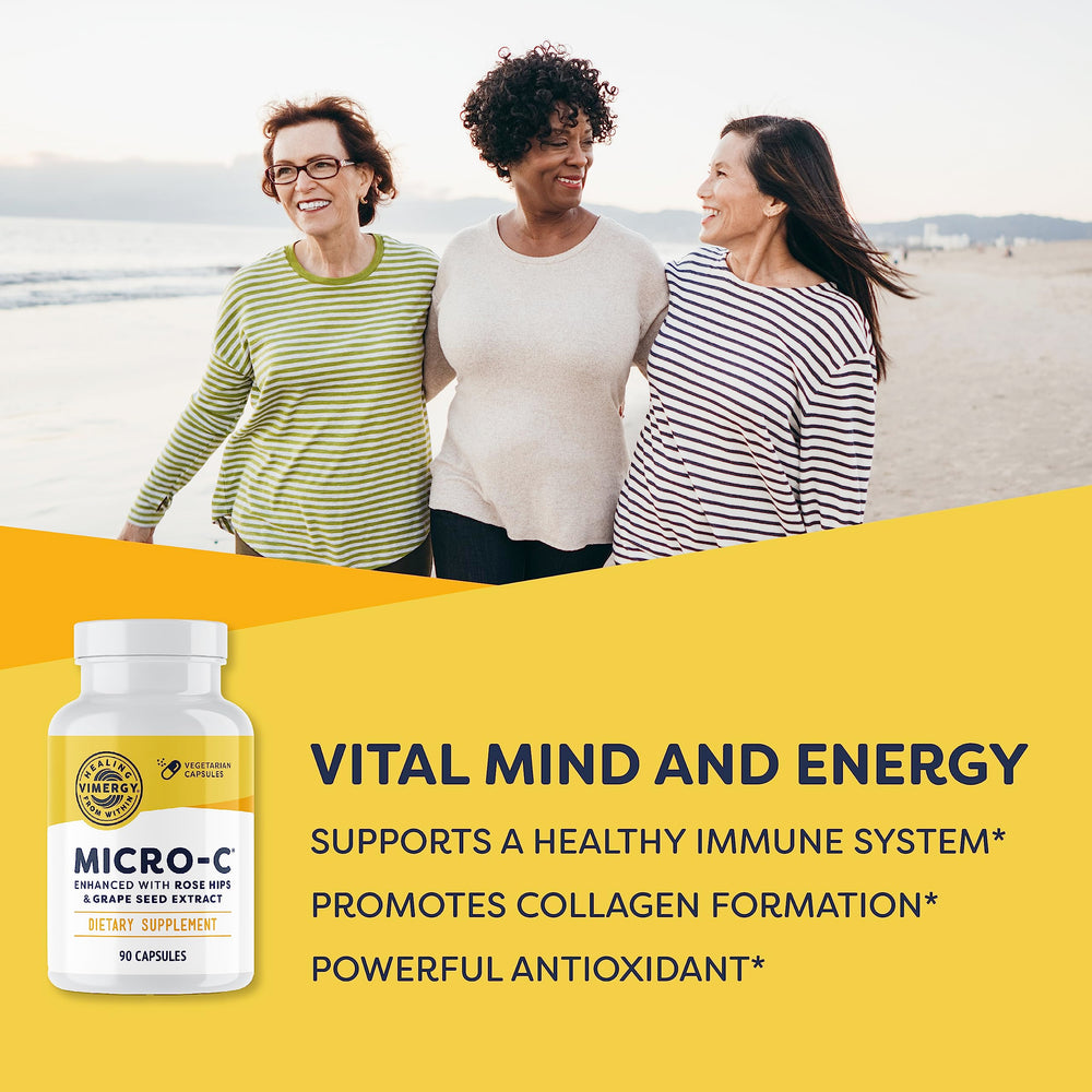 Vimergy Micro-C capsule close-up highlighting easy-to-swallow vegan capsule benefit