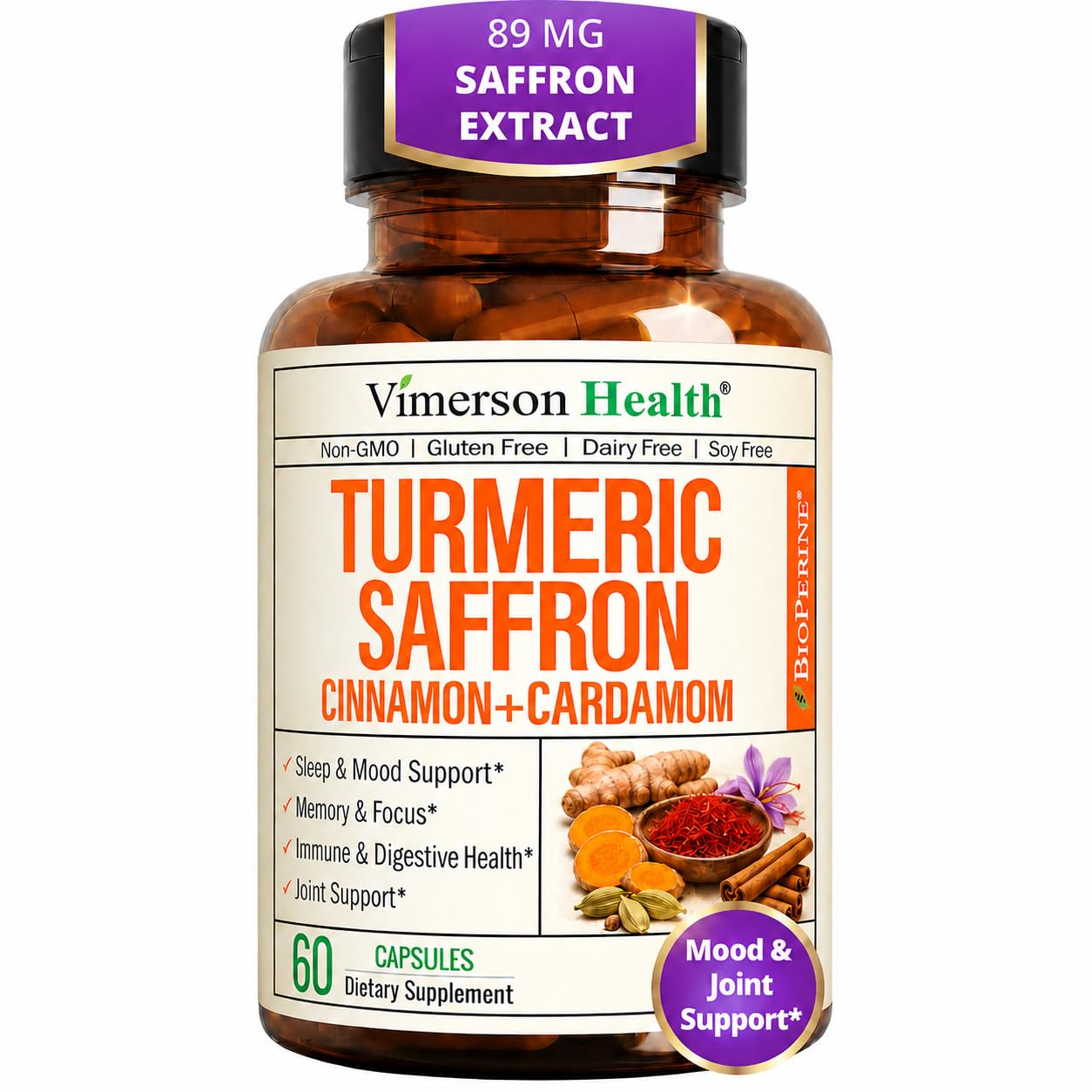 Vimerson Health bottle front view showing saffron and turmeric blend benefits
