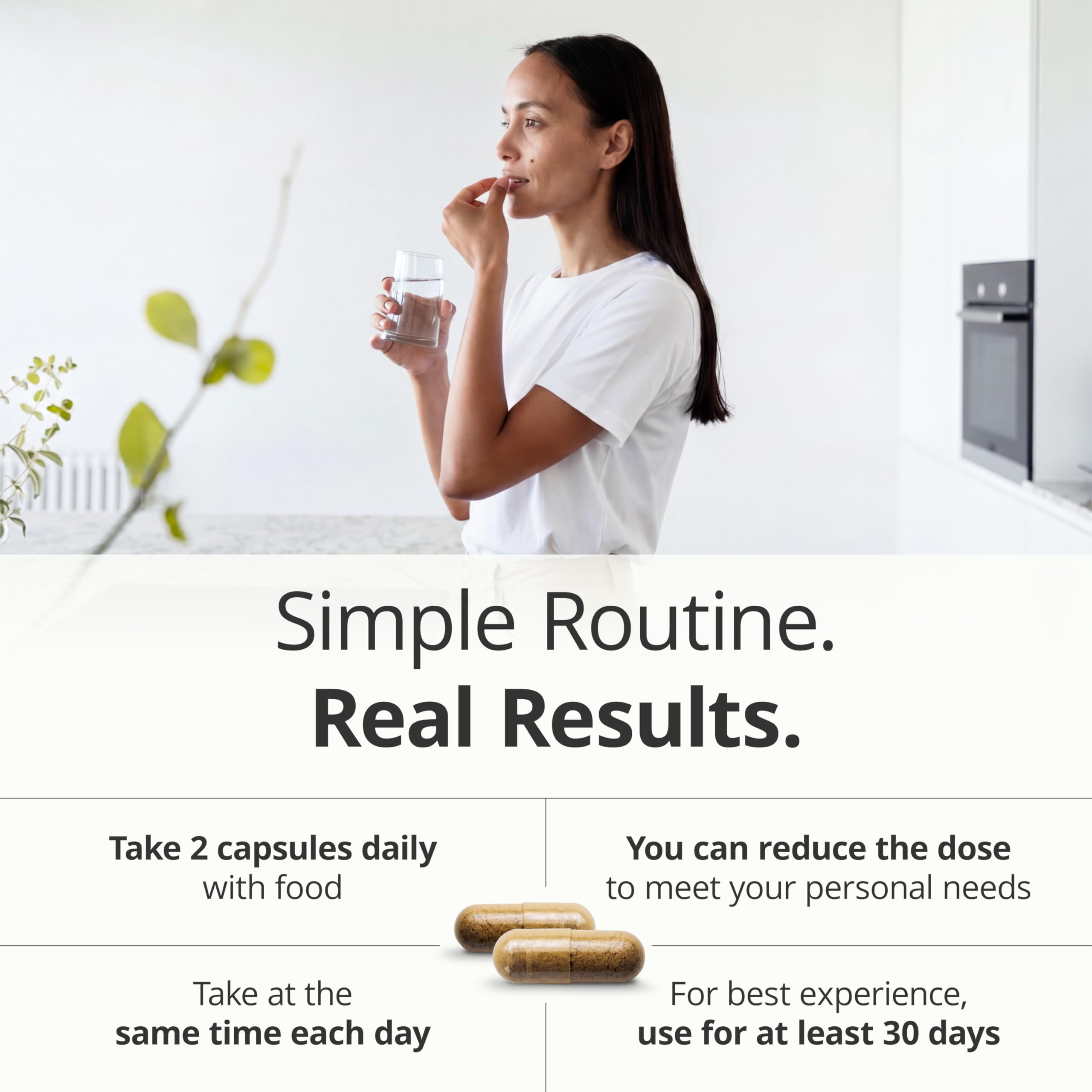 two capsules beside a calendar illustrating Vimerson Health suggested serving and timing