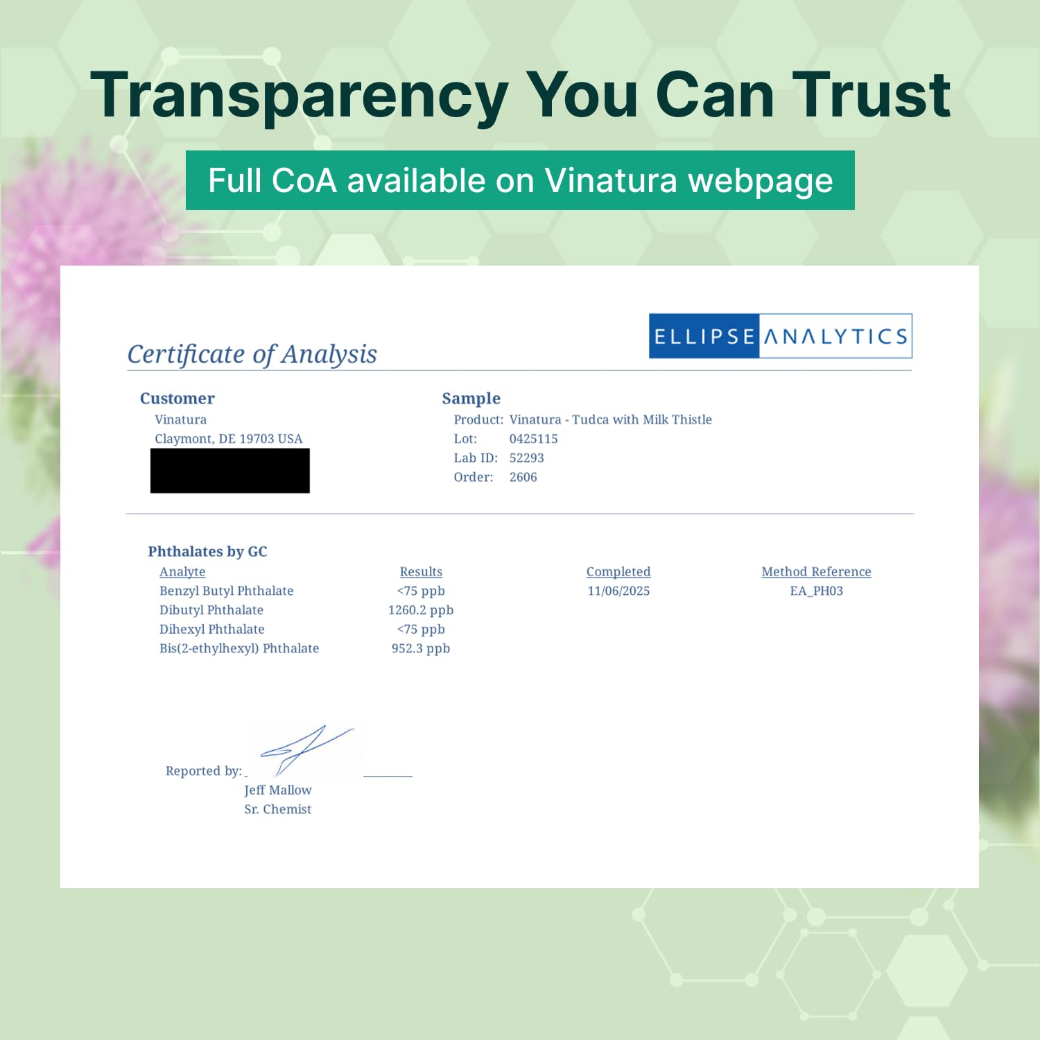 VINATURA seal and Clean Label Project badge, signaling third-party quality testing