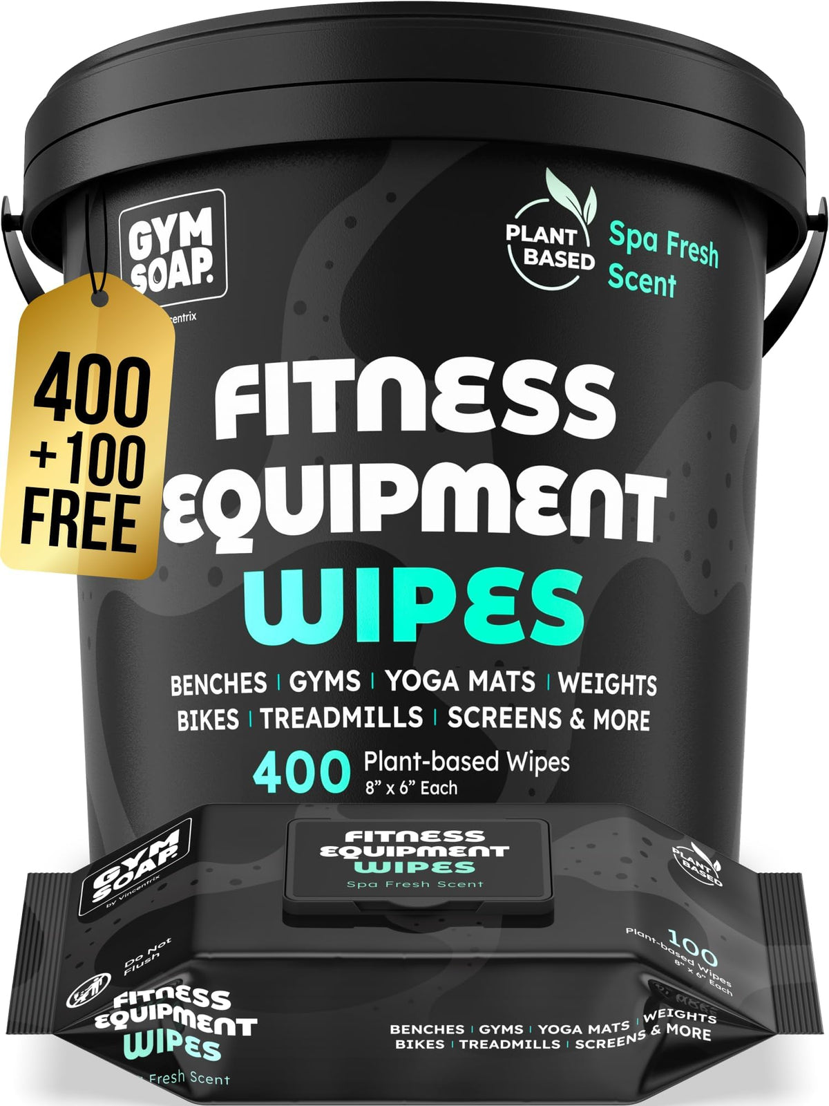 Vincentrix front bucket packaging showing gym wipe bundle and value